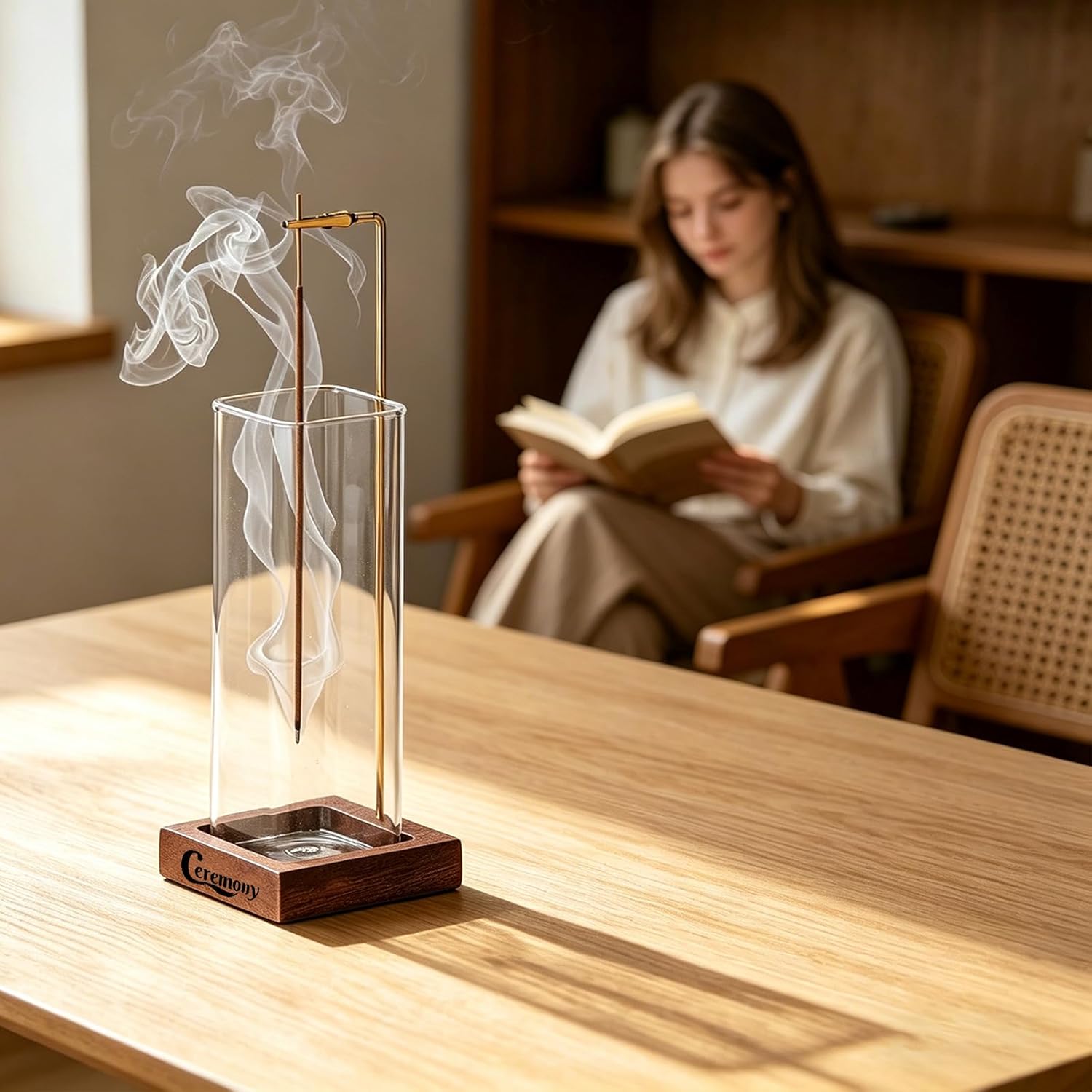Ceremony Incense Holder, Wooden Incense Holder for Sticks with Glass Ash Catcher, Anti-ash Incense Burner with 20 Incense Sticks and a Ash Brush for Meditation Yoga Spa Room Decor - Image 6