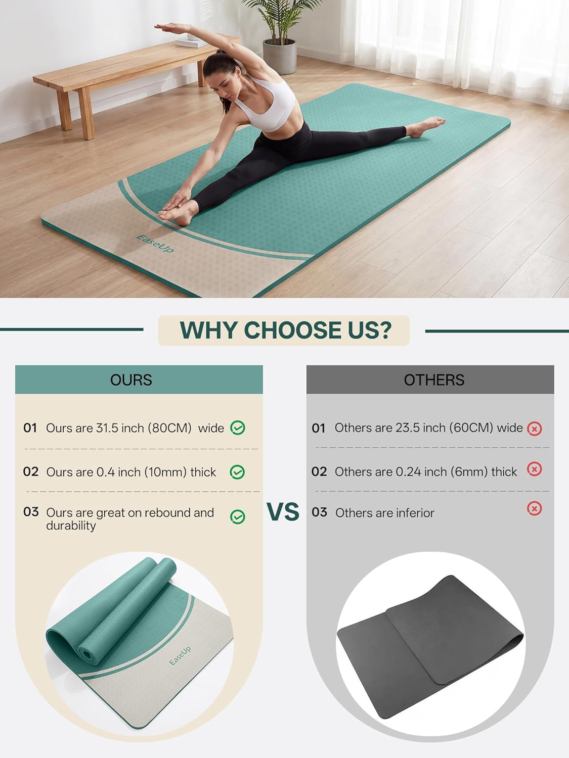 EaseUp Extra Thick Yoga Mat -2/5 inch (10MM), 72.8x31.5" Extra Long-Wide, Professional TPE Non-slip yoga mats for Yoga,Exercise, Workout,Pilates and Fitness, with strap - Image 4
