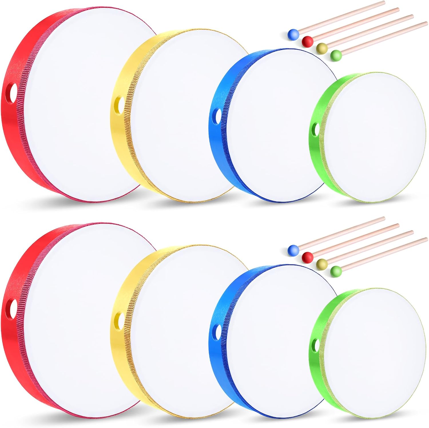 Boao 8 Pcs Hand Drums Percussion Wood Frame Drums with Stick 12 10 8 6 Inch Musical Instruments for Educational Percussion Music Adults Beginners Gifts, Multicolor