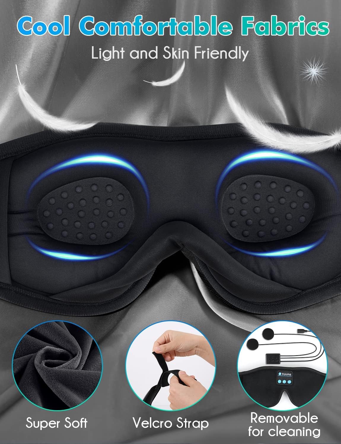 LC-dolida Sleep Mask with Bluetooth Headphones,Sleep Headphones Bluetooth Sleep Mask 3D Sleeping Headphones for Side Sleepers Best Gift and Travel Essential (Elegant Black) - Image 5