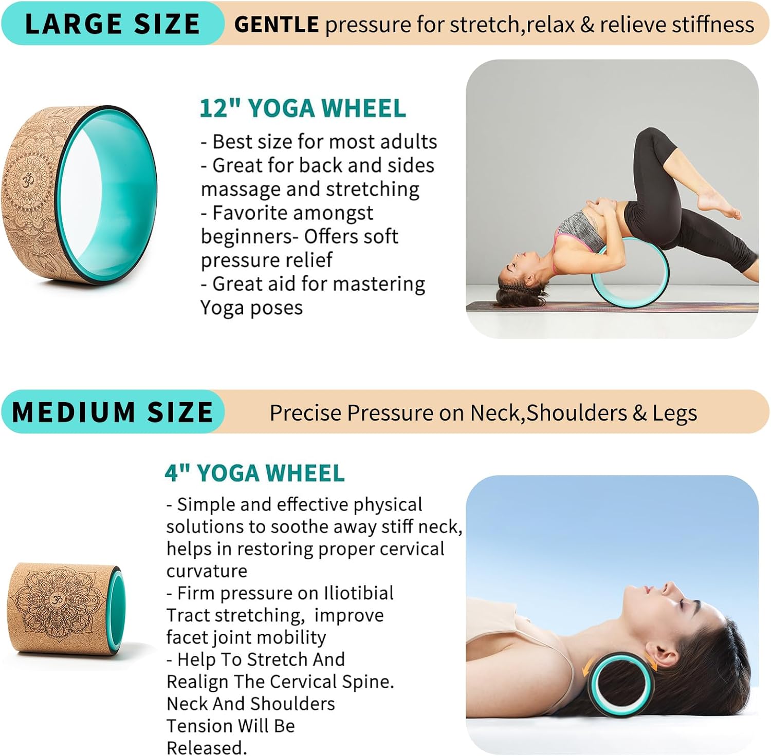 Yoga Wheel Set, Upgraded Back Wheels for Pain Relief & Stretching, Strongest Back Roller for Deep Tissue Massage, Improving Yoga Poses Backbend (CORK) - Image 5