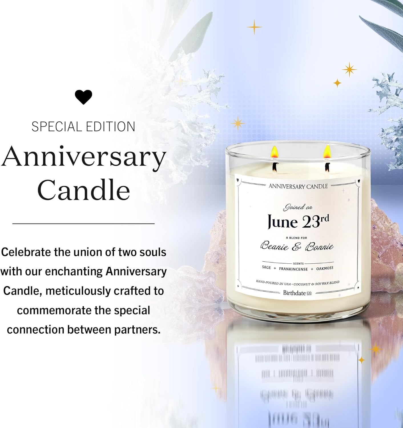 Anniversary Candle by Birthdate Co. - Scented Candles Anniversary Gift for Couple, Him & Her - Sage, Frankincense & Oakmoss Scent - All-Natural Soy & Coconut Wax, 60-80 Hour Burn Time - Made in USA - Image 2