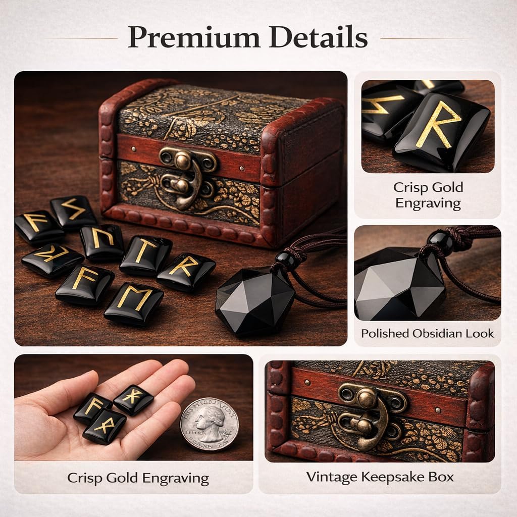 kcrygogo Rune Set with Elder Futhark Alphabet Crystal Meditation Divination Healing Chakra Reiki with Vintage Wooden Box and Natural Obsidian Pendant(3Pcs) - Image 8