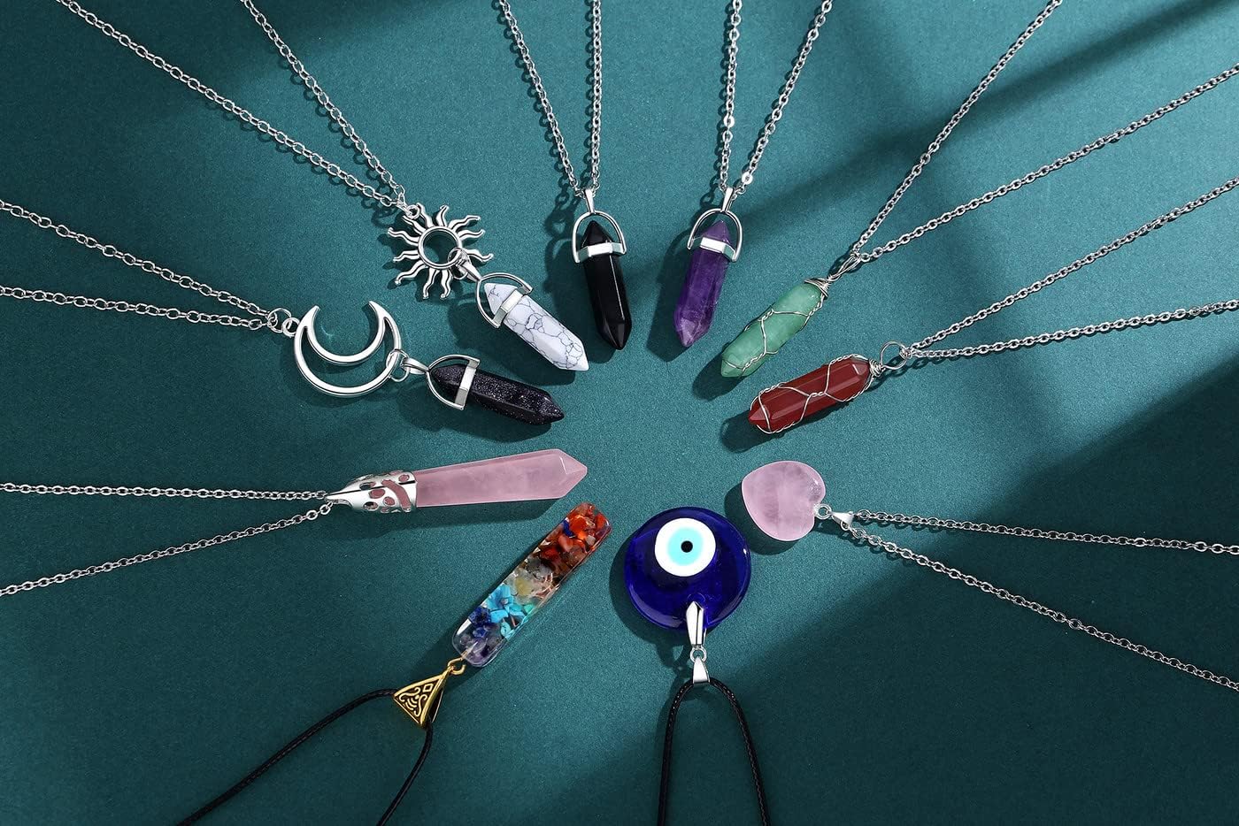 MAIBAOTA 10 Pcs Crystal Necklace Healing Amethyst Crystals Carnelian Chakra Necklaces Evil Eye Necklace Vintage Hippie Wiccan Boho Rose Quartz Moon Sun Jewelry Heart Gemstone Pendant for Women - Image 2