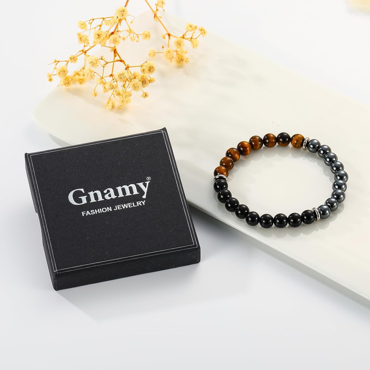 Gnamy Natural Stone Bracelet Gifts for Men- Triple Protection Hematite Black Obsidian Tiger Eye Gemstone Beaded Bracelets Birthday Healing Jewelry Gifts - Image 6