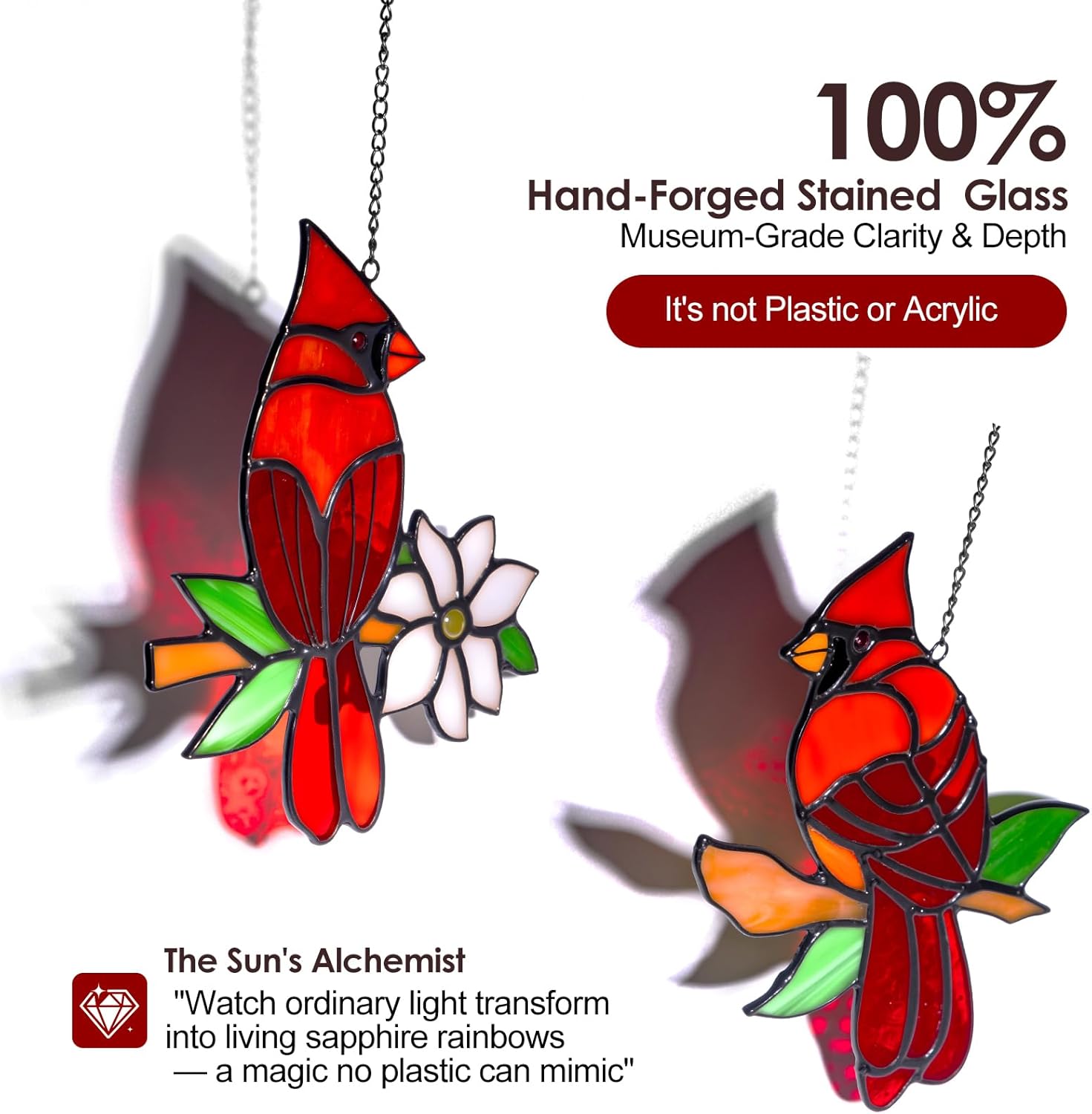 2 Pcs Cardinal Stained Glass Window Hanging Suncatchers, Sympathy Gifts for Loss of Loved One, Unique Nana Grandma Memorial Gift, Bird Decor & Christmas Ornament (6 Inch) - Image 3