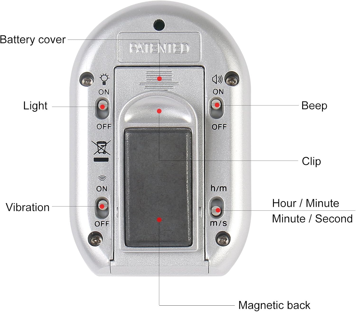 x-wlang 3-in-1 Alerts timer 1013 with vibration ,beep and flash.(kitchen timer ,medical timer,therapeutic timer), silver - Image 2