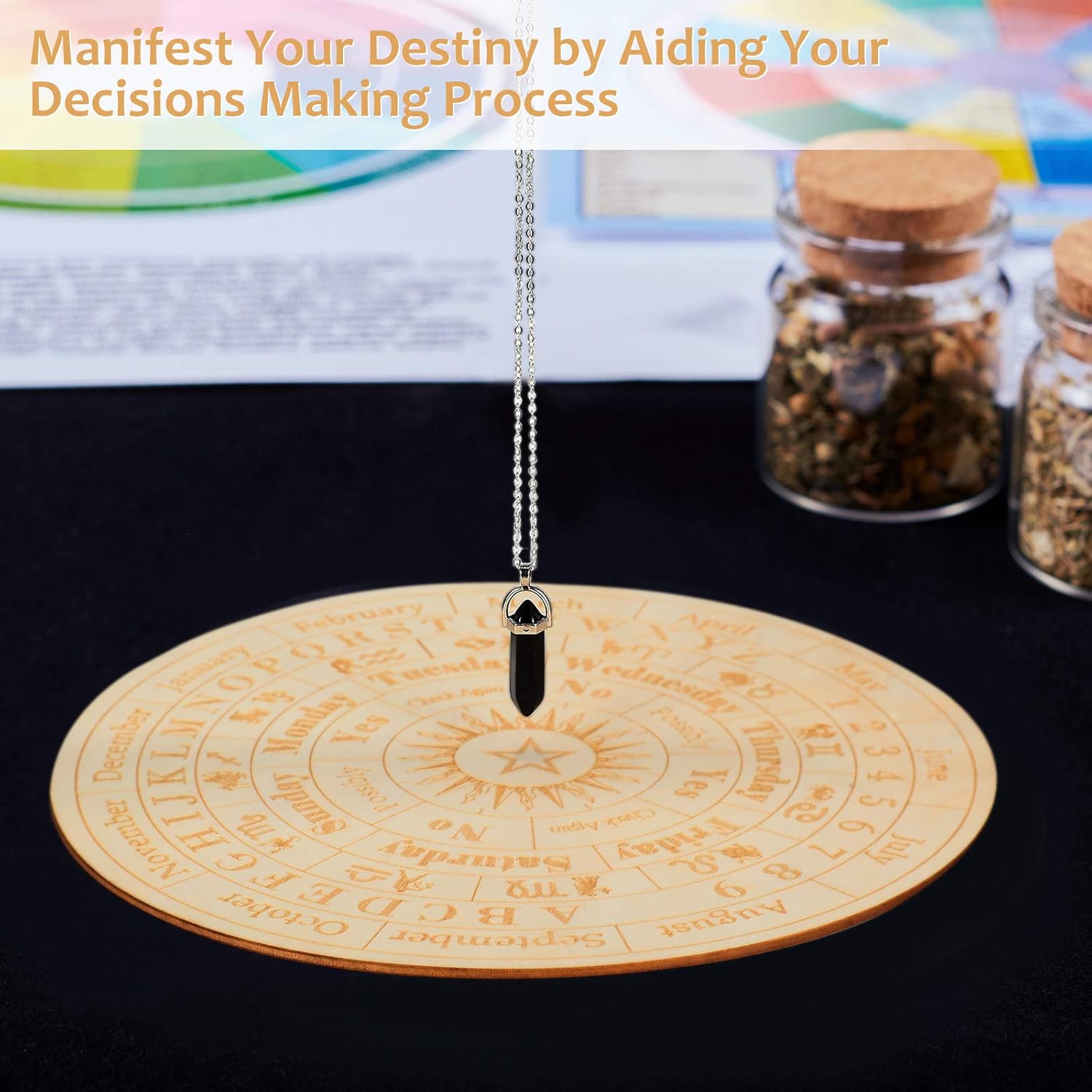 Star Pendulum Board Wooden Dowsing Board Divination Metaphysical Message Board for Witchcraft Wiccan Altar Supplies Kit Beginner Witchcraft Supply, Round Shape (9.8 Inch) - Image 4