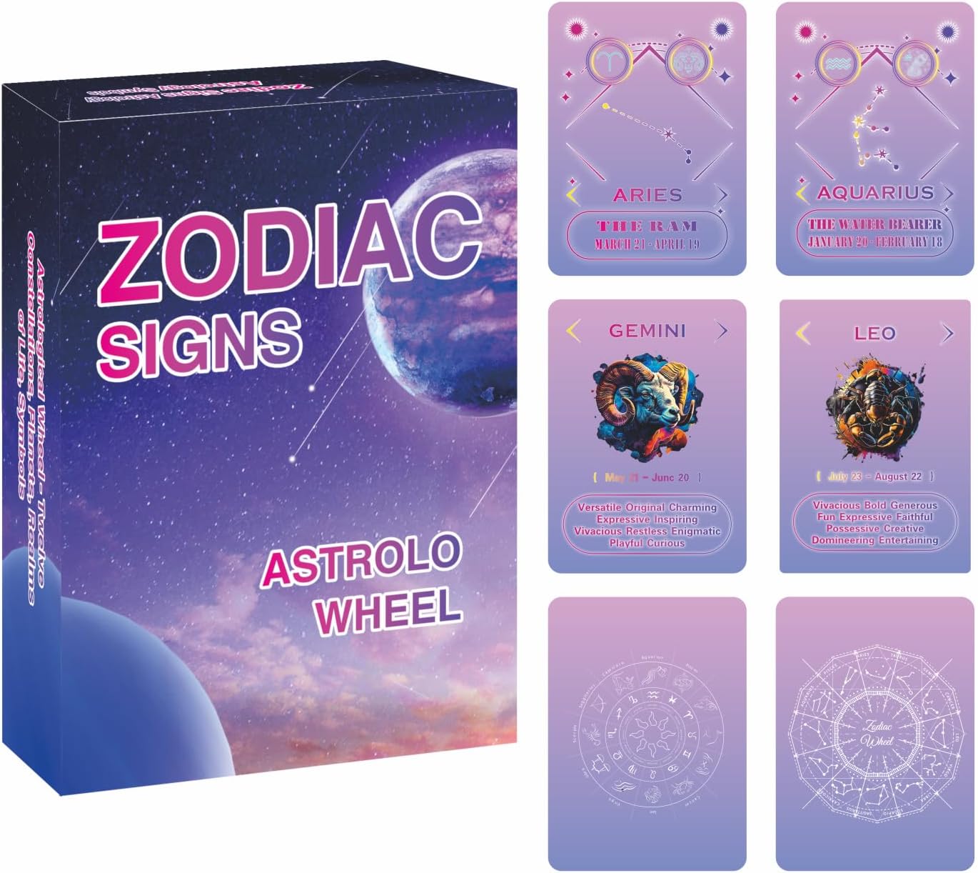 Constellation Oracle Cards, Astrology oracle deck, twelve zodiac signs, wheel charts, correct dates and colors of The twelve zodiac signs,Including their zodiac signs and key personality traits