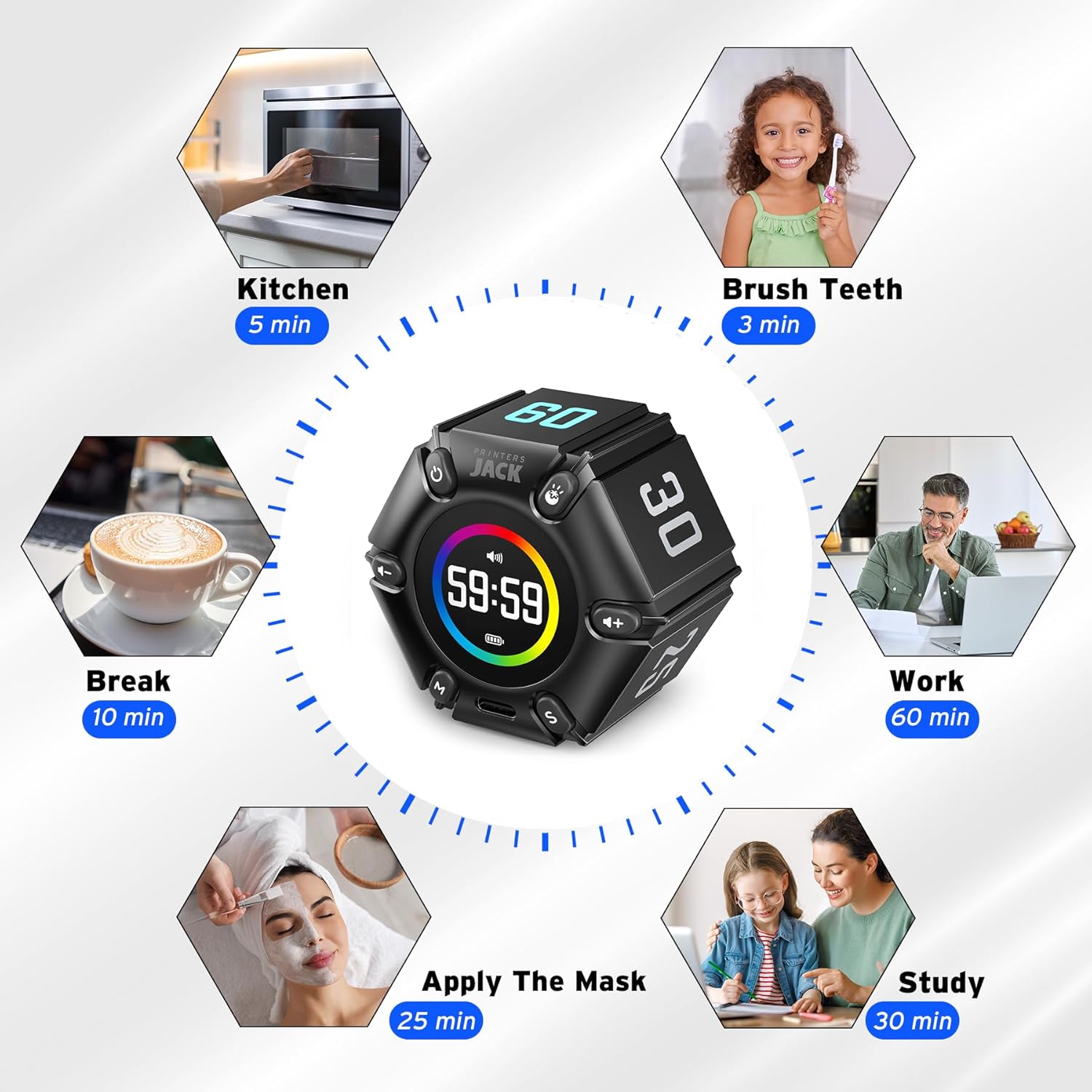 Jack Pomodoro Timer - Productivity Cube, Visual Focus Timer, Mute & Vibration & Adjustable Sound Alert, for Office, ADHD, Study, Work, 3/5/10/25/30/60min & Custom Countdown - Black - Image 5
