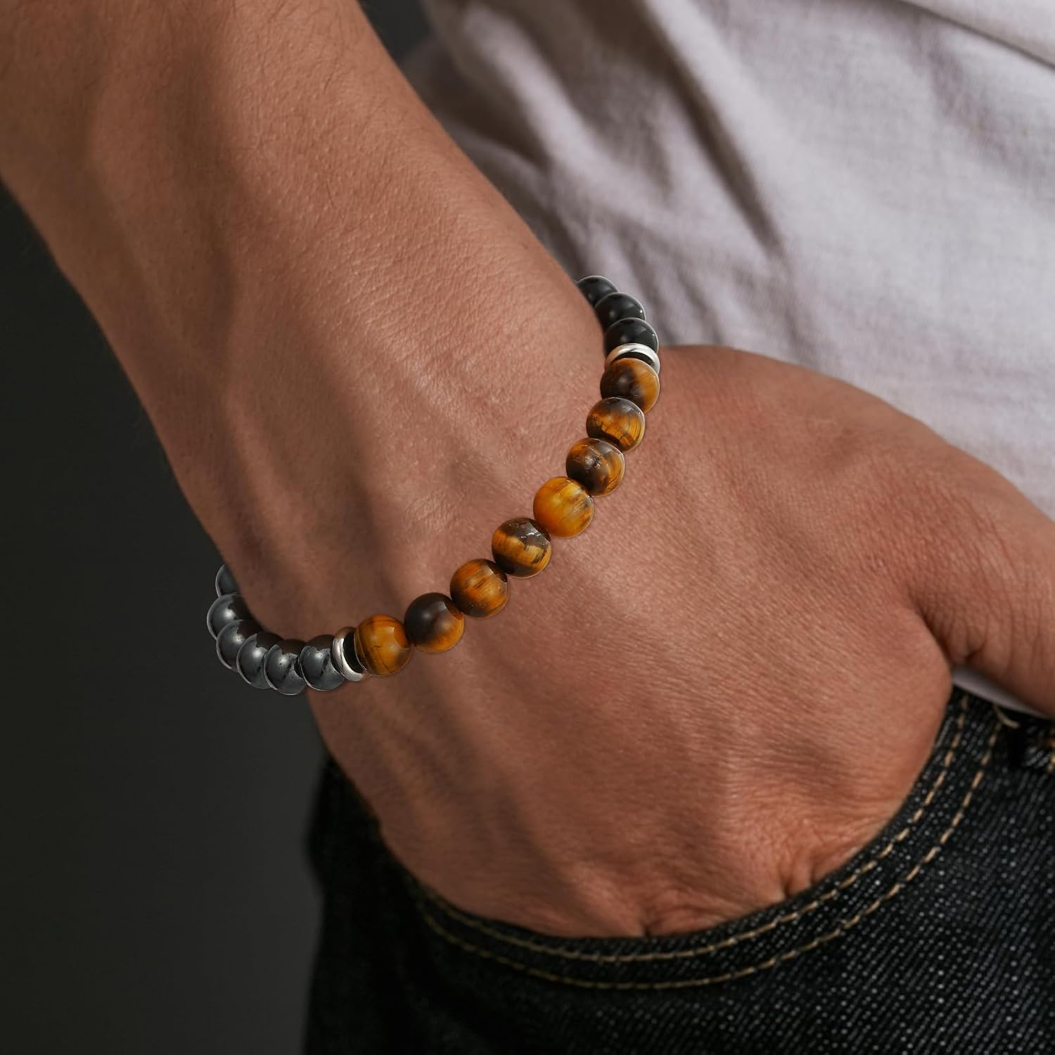 Gnamy Natural Stone Bracelet Gifts for Men- Triple Protection Hematite Black Obsidian Tiger Eye Gemstone Beaded Bracelets Birthday Healing Jewelry Gifts - Image 4