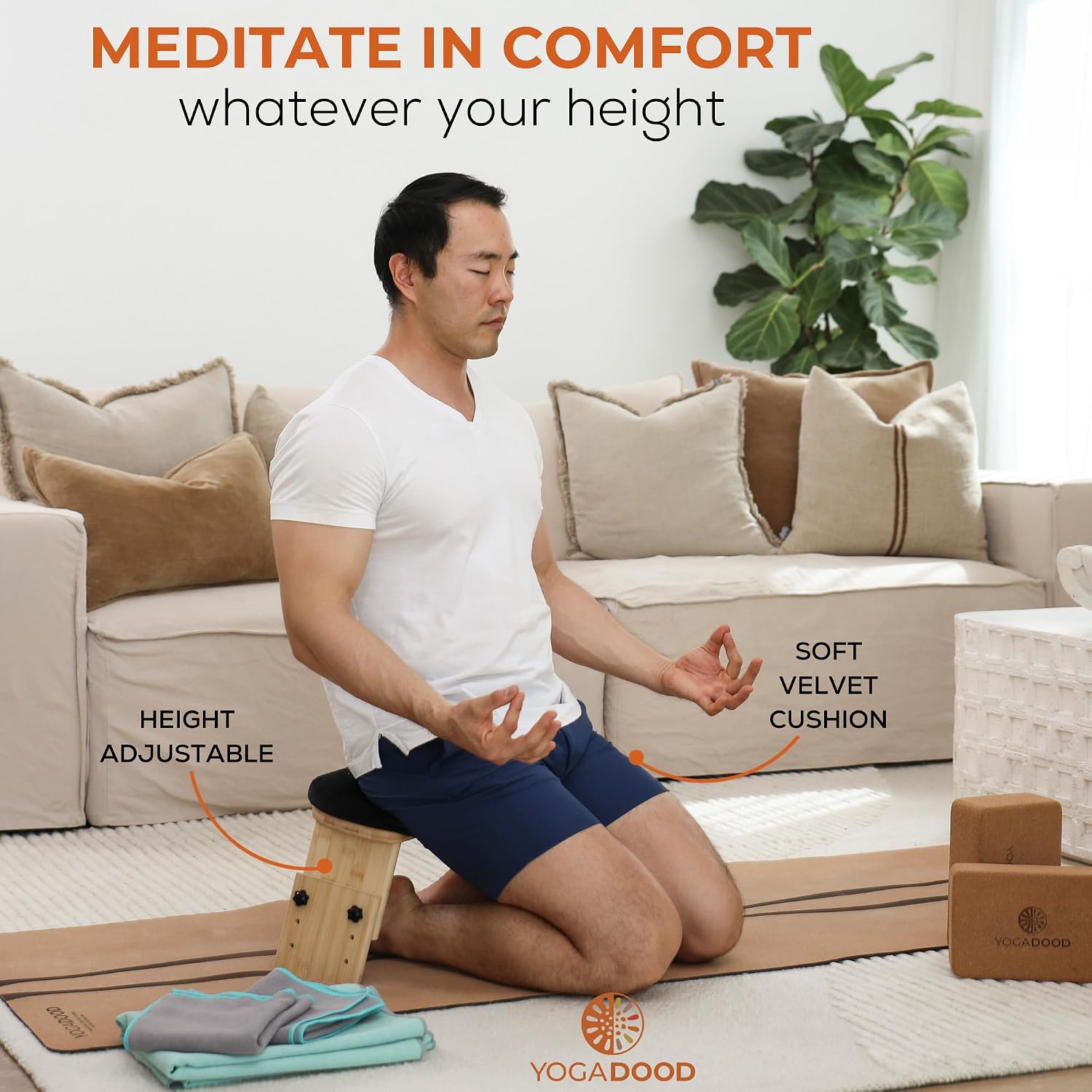 Yoga Dood Zen+ Adjustable Meditation Bench – 3-Level Height Kneeling Bench for Zazen & Prayer – Ergonomic 5° Tilt, Foldable Solid Bamboo with Cushioned Seat & Carry Bag - Image 2