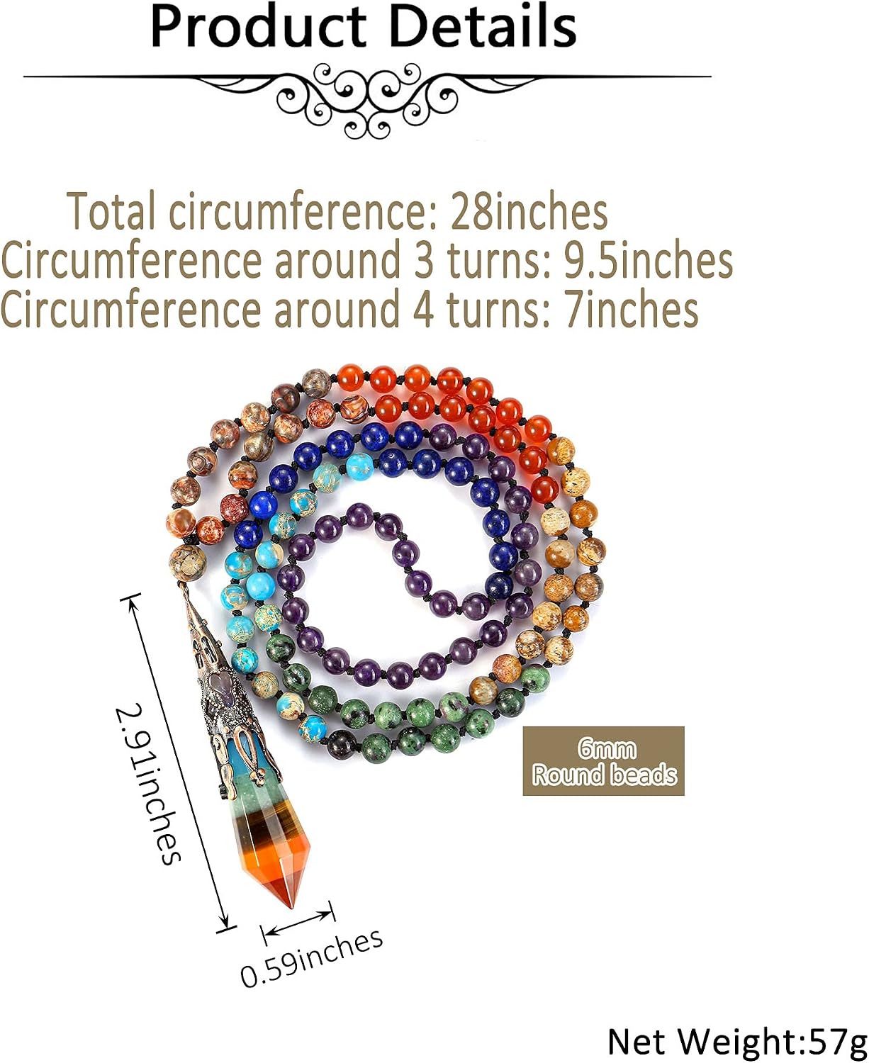 Jovivi 108 Mala Beads Bracelet Real Stones 7 Chakra Healing Crystals Necklace with 12 Facted Prism Pointed Pendant Reiki Energy Balancing Prayer Mala Beads for Meditation - Image 6