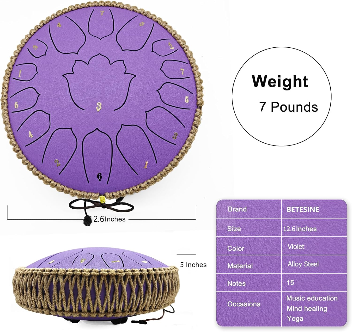 BETESINE 13-Inch 15-Note Steel Tongue Drum, C Major, Violet | Beginner set with mallets, music book, note labels and carrying bag for practice, meditation, yoga and gifting - Image 3