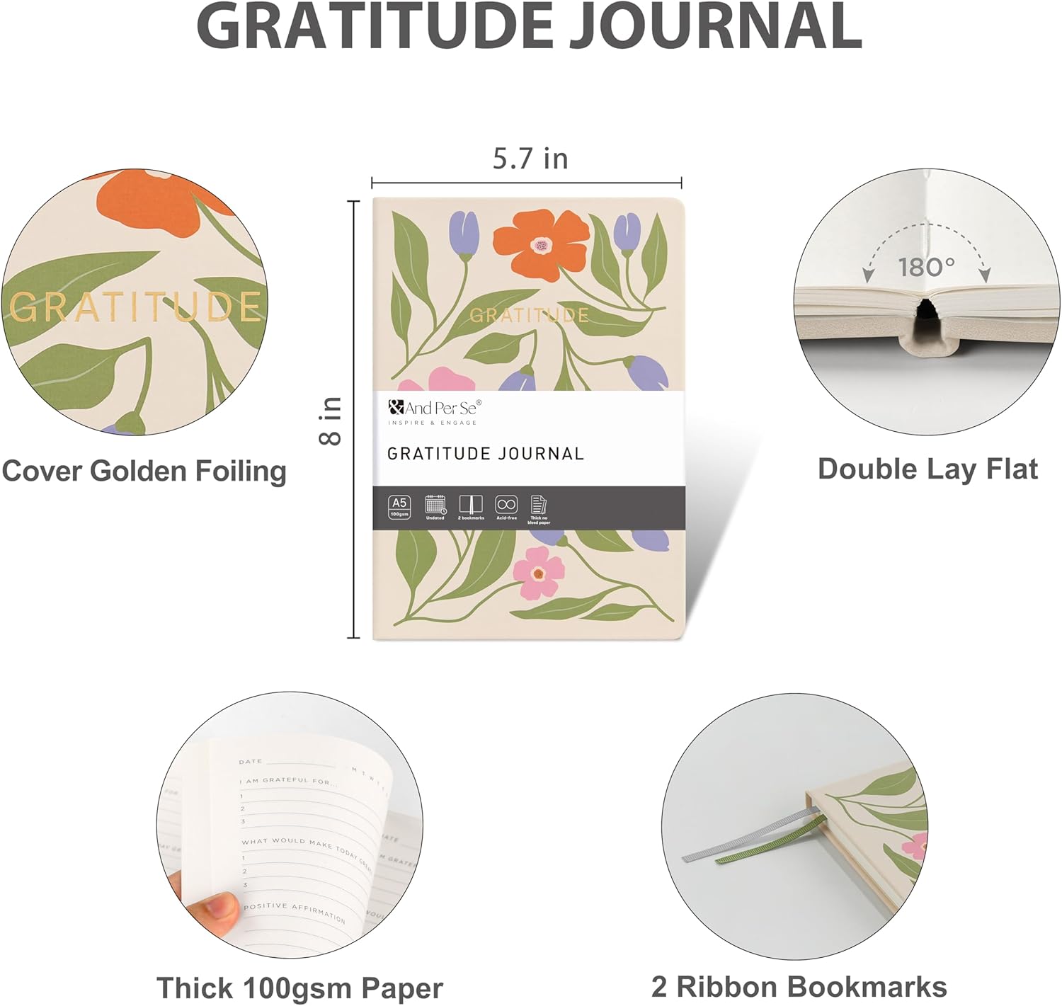 And Per Se Gratitude Journal – 5 Minute Daily Practice for Women with Prompts & Quotes – Undated Mindfulness & Happiness Notebook (Botanical Floral) - Image 6