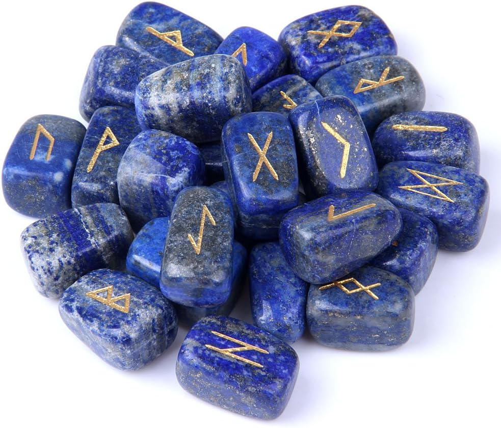 TGS Gems RN001 Lapis Lazuli Rune Stones Set Engraved Pagan Lettering with Instruction Booklet and Velvet Pouch - Image 2