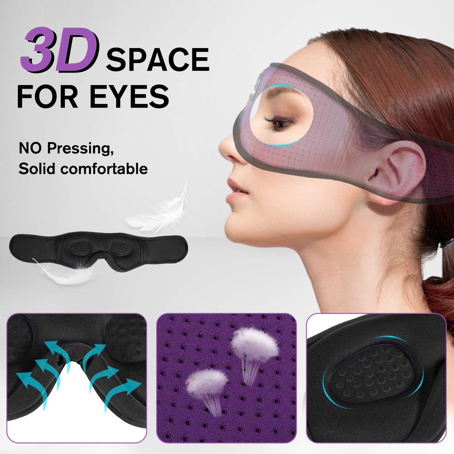 LC-dolida Sleep Headphones, Sleep Mask Bluetooth Wireless Music Eye Mask, Sleeping Headphones for Side Sleepers Sleep Mask with Bluetooth Headphones Ultra-Thin Stereo Speakers Perfect for Sleeping - Image 8