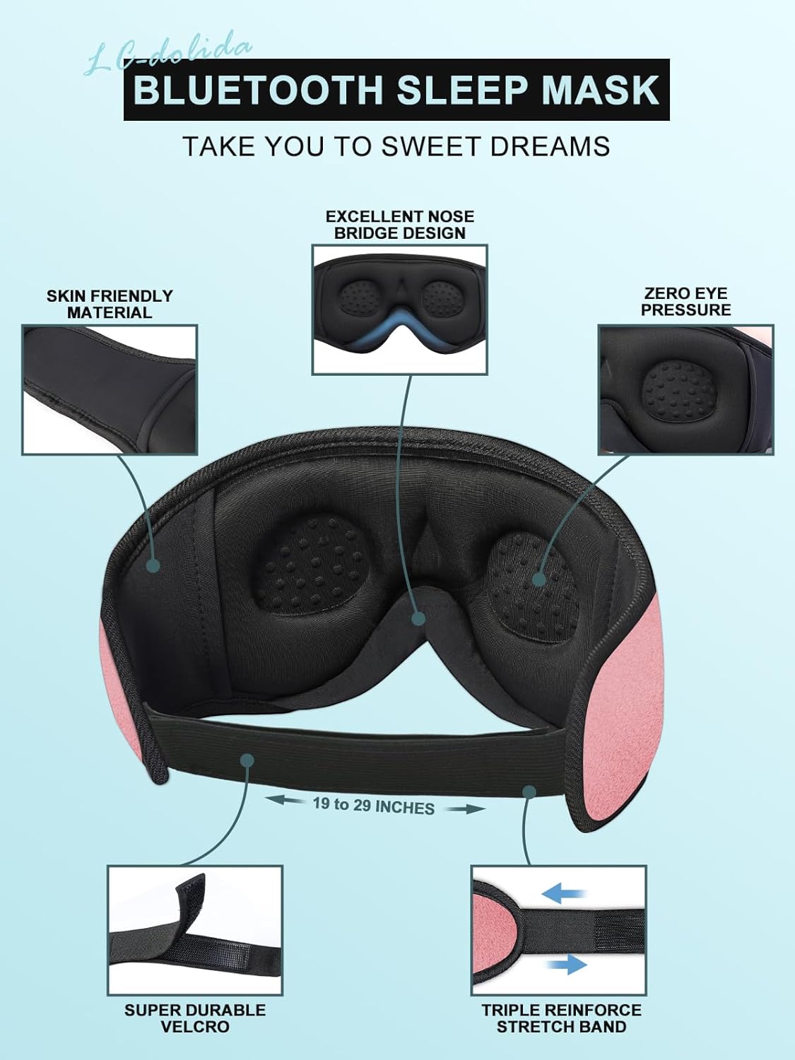 LC-dolida Sleep Headphones, Sleep Mask Bluetooth Wireless Music Eye Mask, Sleeping Headphones for Side Sleepers Sleep Mask with Bluetooth Headphones Ultra-Thin Stereo Speakers Perfect for Sleeping - Image 8