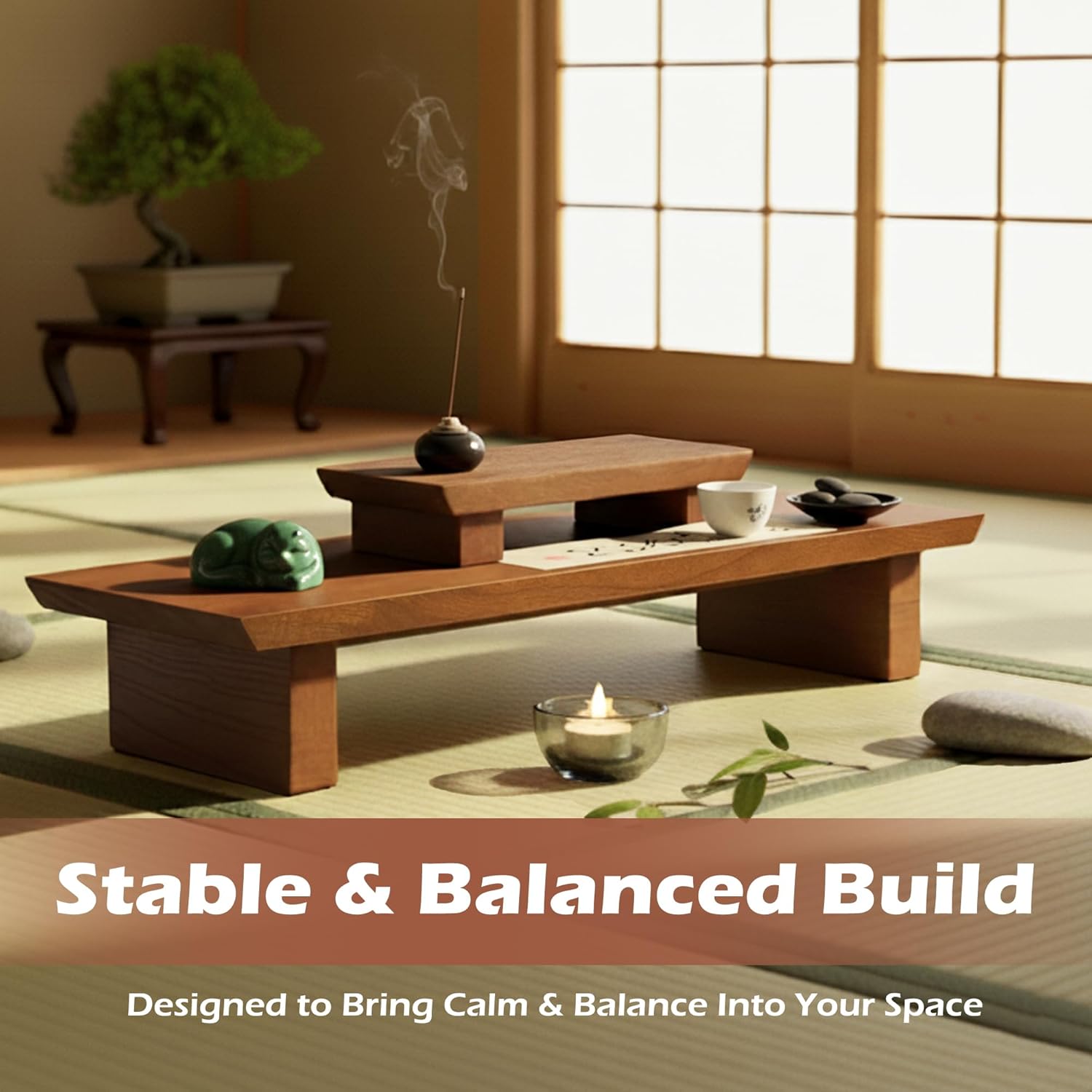 Meditation Altar Table Solid Wood, Wooden Puja Table for Relaxation and Prayer, Low Meditation Tables, Japanese Floor Table, Small Coffee & Tea Table for Home, Office, Studio - Image 3
