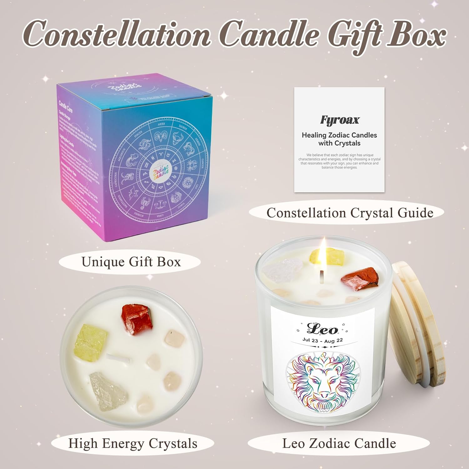 Leo Gifts for Women, Zodiac Leo Candle with Healing Crystals, Astrology Birthday Gifts for Womenr, Mom, Sister, Friends, Meditation, Yoga, Relaxation (7oz) - Image 2