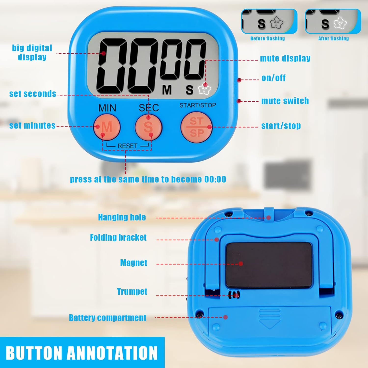 6 Pack Multi-Function Electronic Timer - Magnetic Digital Timers Big LCD Display the Loud/Silent Switch Countdown Timer Extensively Use in Break Time, Cooking,Gym, Meeting, Classroom - Image 6