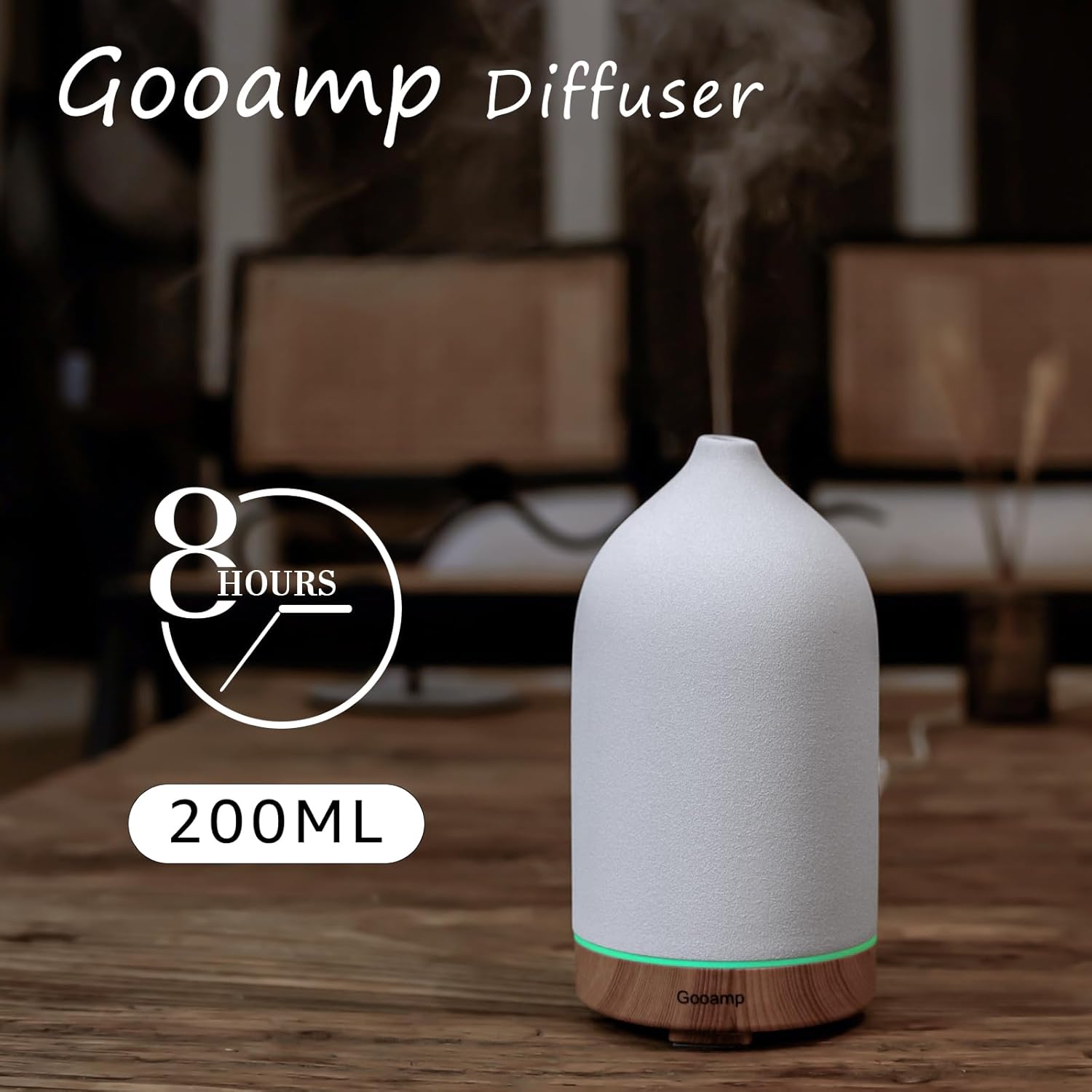 Gooamp 200ML Ceramic Essential Oil Diffuser for Home - Ultrasonic Aromatherapy Diffuser Humidifier with 7 Color LED Lights, Auto Shut-Off, 3 Timers for Bedroom, Office, Yoga, Wood Grain Base - Image 4