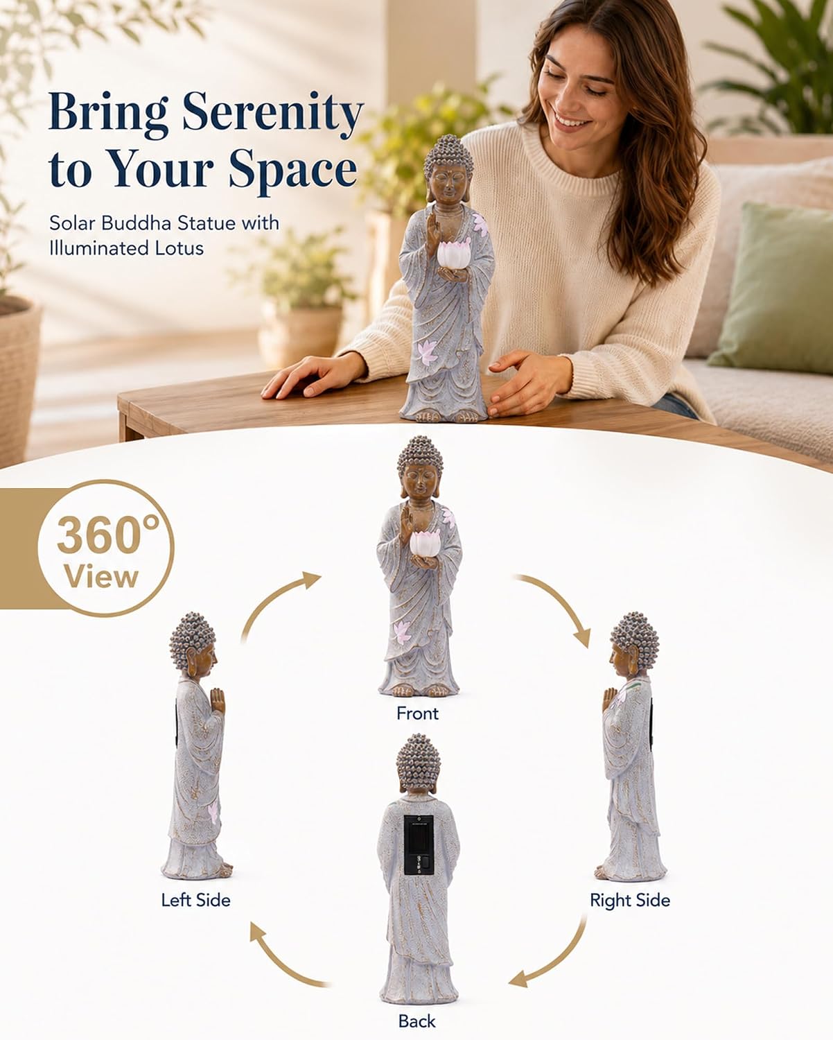 Nacome Solar Buddha Garden Statue Decor: Standing Resin Figurine with Lotus Flower Light Zen Sculpture for Patio Lawn Yard Porch Balcony Meditation Space - 11 inches(White) - Image 3