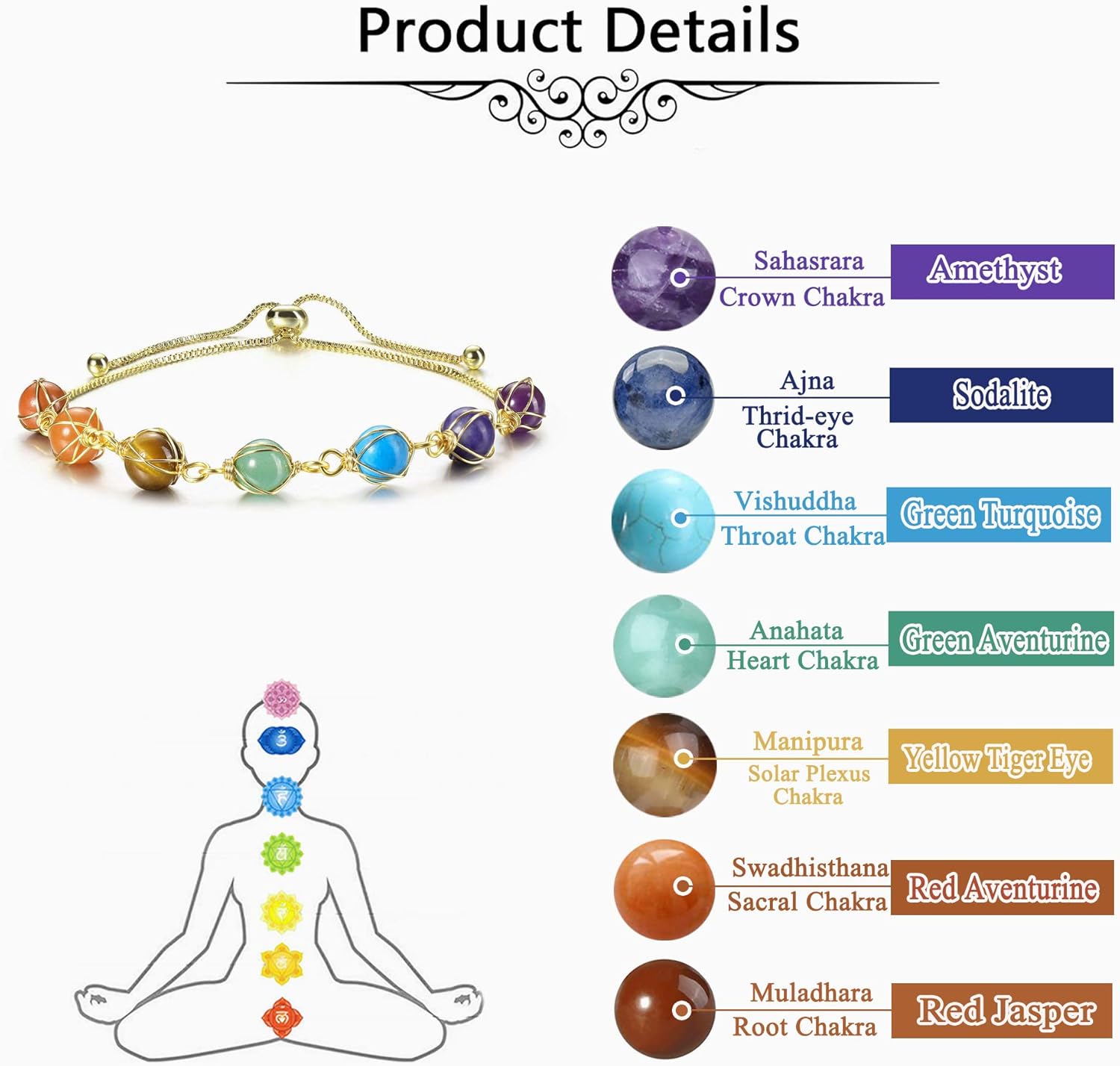 Jovivi 7 Chakra Stones Bracelets for Women Adjustable 14K Gold Wire Wrapped 8mm Natural Round Gemstone Beads Reiki Healing Crystal Ankle Bracelet Yoga Energy Jewelry - Image 5