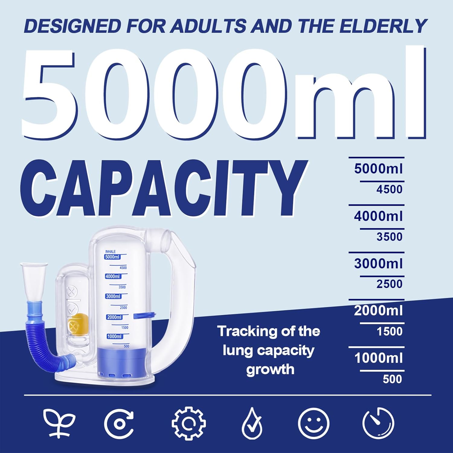 Breathing Exercise Device for Lungs, Lung Exerciser Device – 5000ml Volumetric Deep Breathing Trainer with Flow Rate Indicator for Respiratory Health & Recovery - Image 5