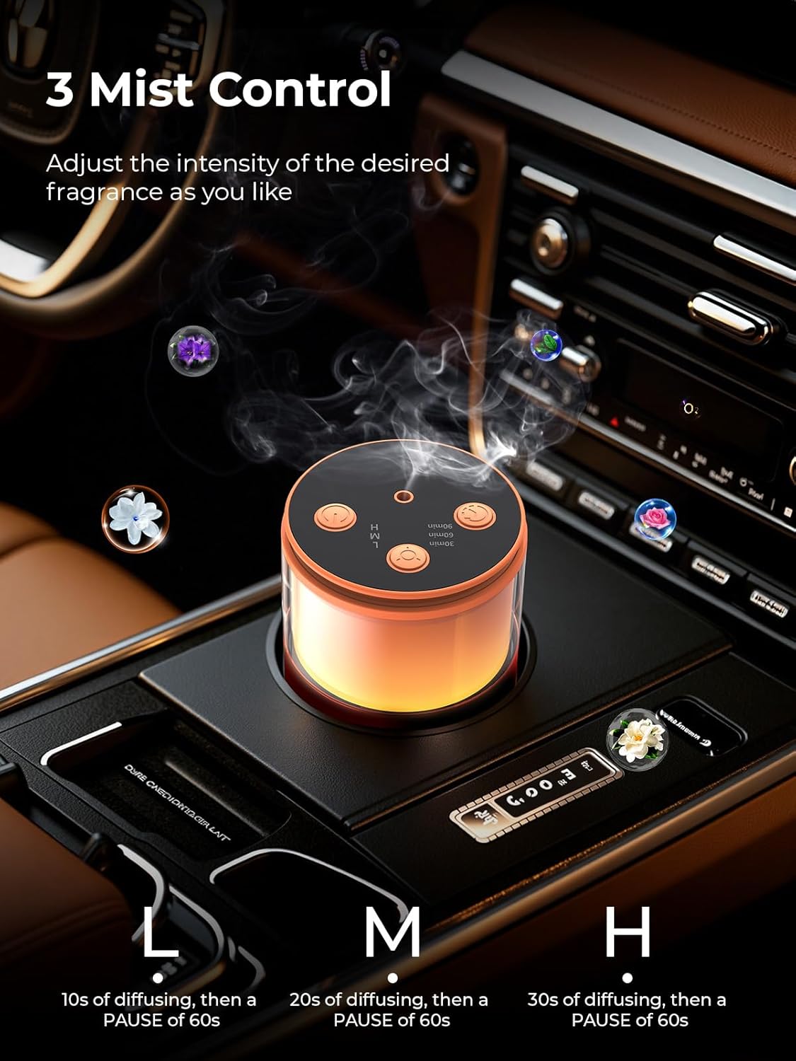 Waterless Essential Oil Diffuser: 𝟗 𝐂𝐨𝐥𝐨𝐫𝐬 𝐋𝐄𝐃 Scent Diffuser for Home&Car&Office - Portable Diffuser with 48H Battery, 4 Timers & 3 Mist Levels, Bright Orange - Image 3