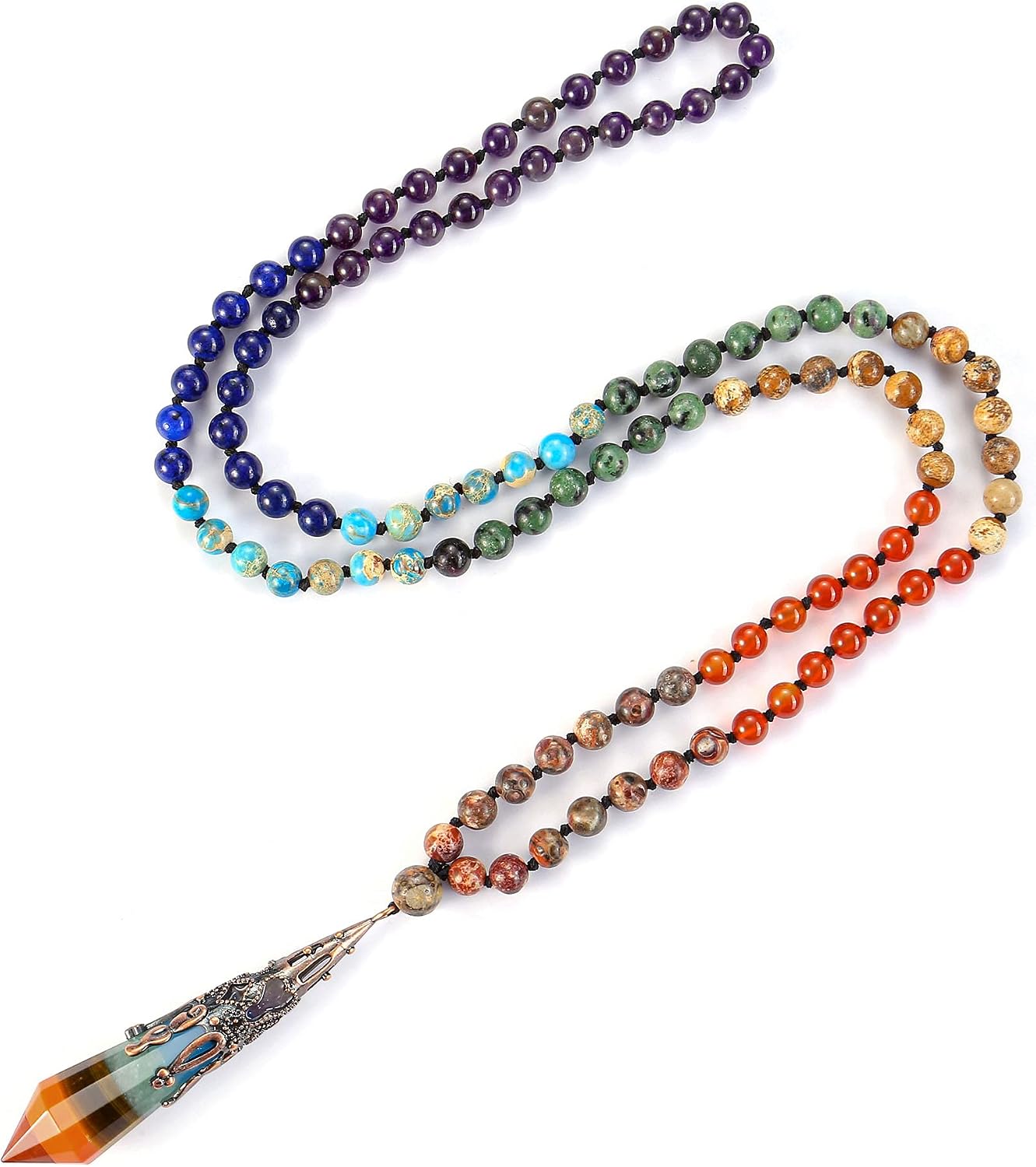 Jovivi 108 Mala Beads Bracelet Real Stones 7 Chakra Healing Crystals Necklace with 12 Facted Prism Pointed Pendant Reiki Energy Balancing Prayer Mala Beads for Meditation - Image 5