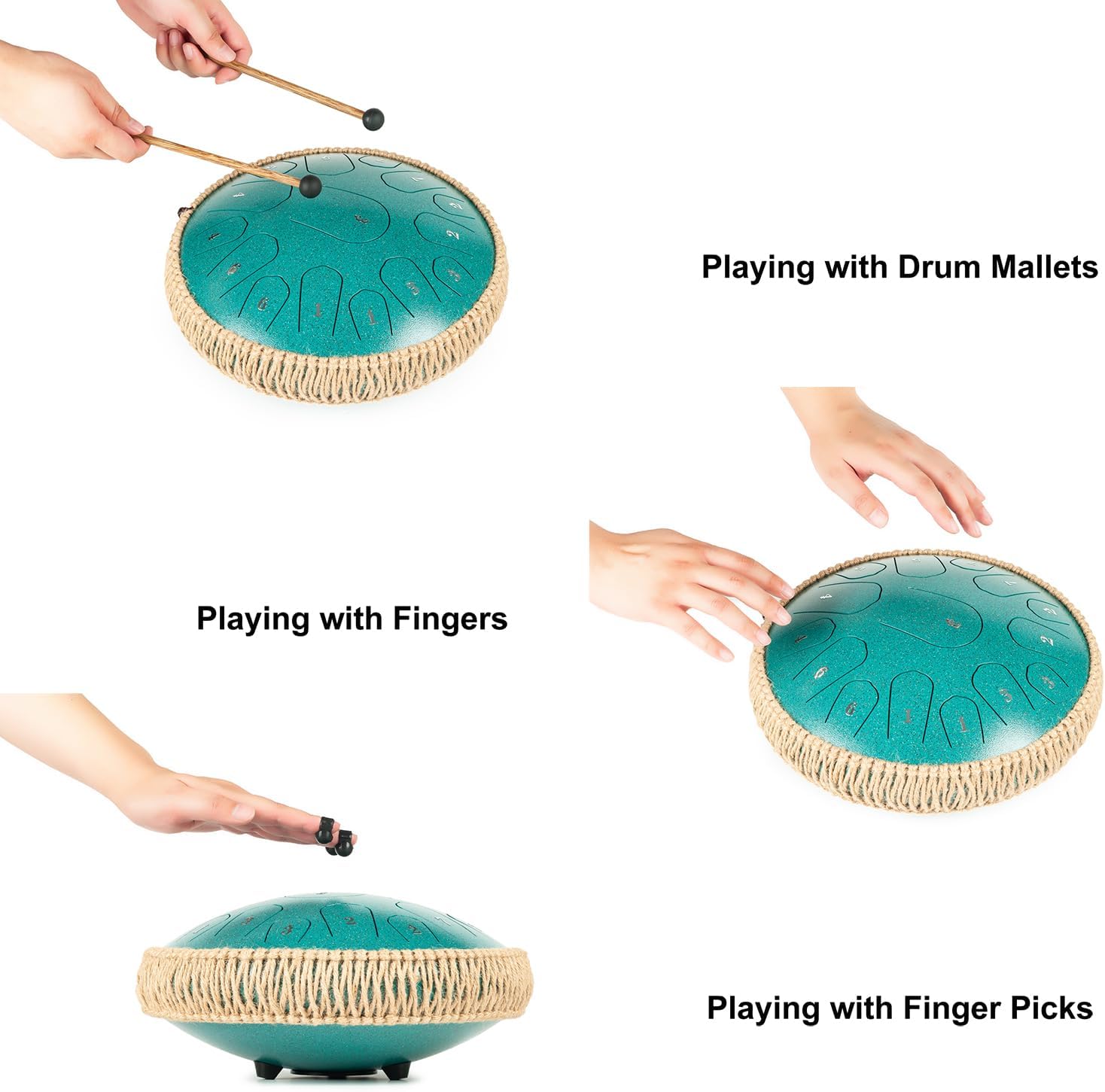HOPWELL Steel Tongue Drum - 13 Inches 15 Notes Tongue Drum - Hand Pan Drum with Music Book, Handpan Drums Mallets and Carry Bag, D Major (Malachite Green) - Image 4