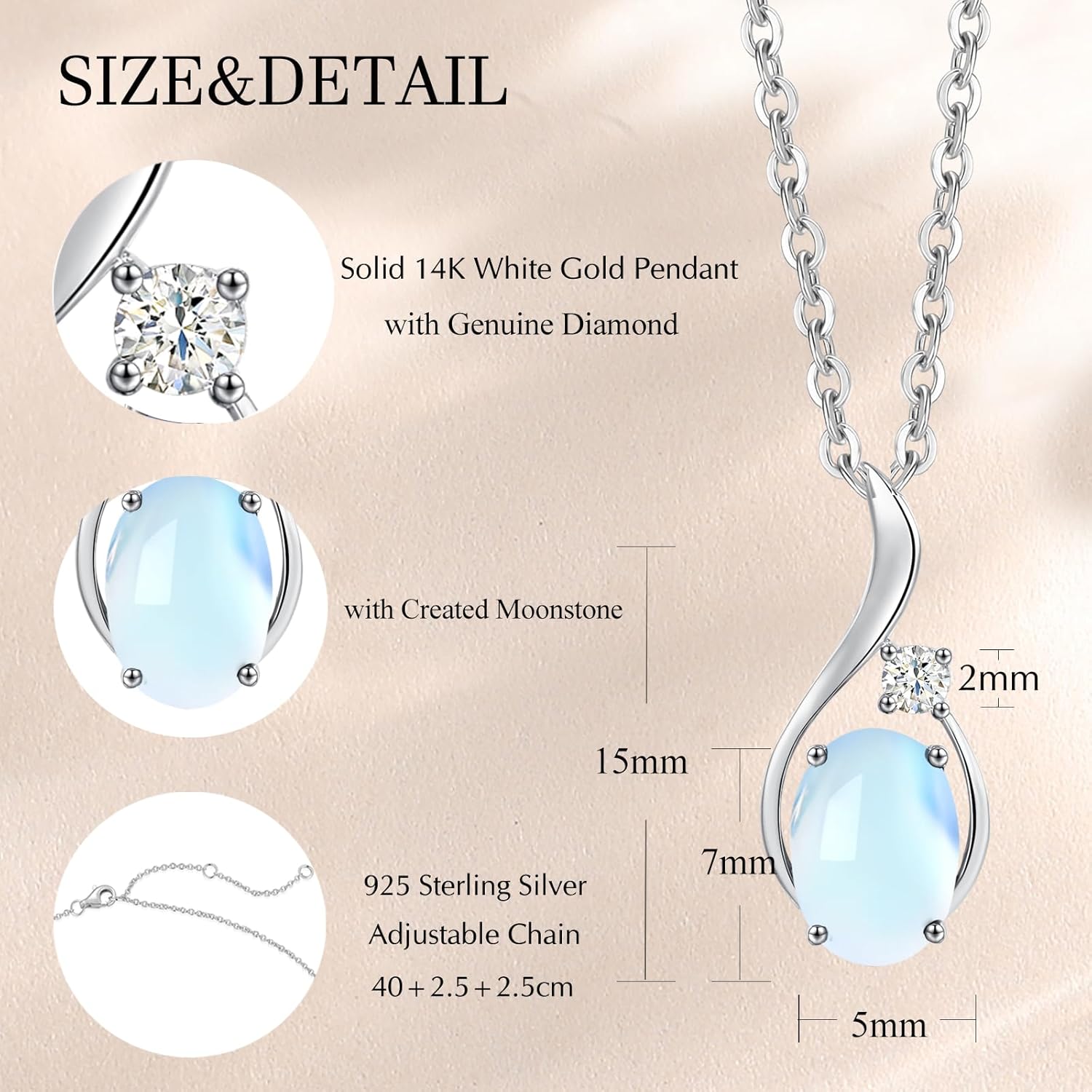 FANCIME 14K Solid White Gold Oval Gemstone Necklace with Diamond Pendant Gifts for Mom Women,16"+2" Inches - Image 3