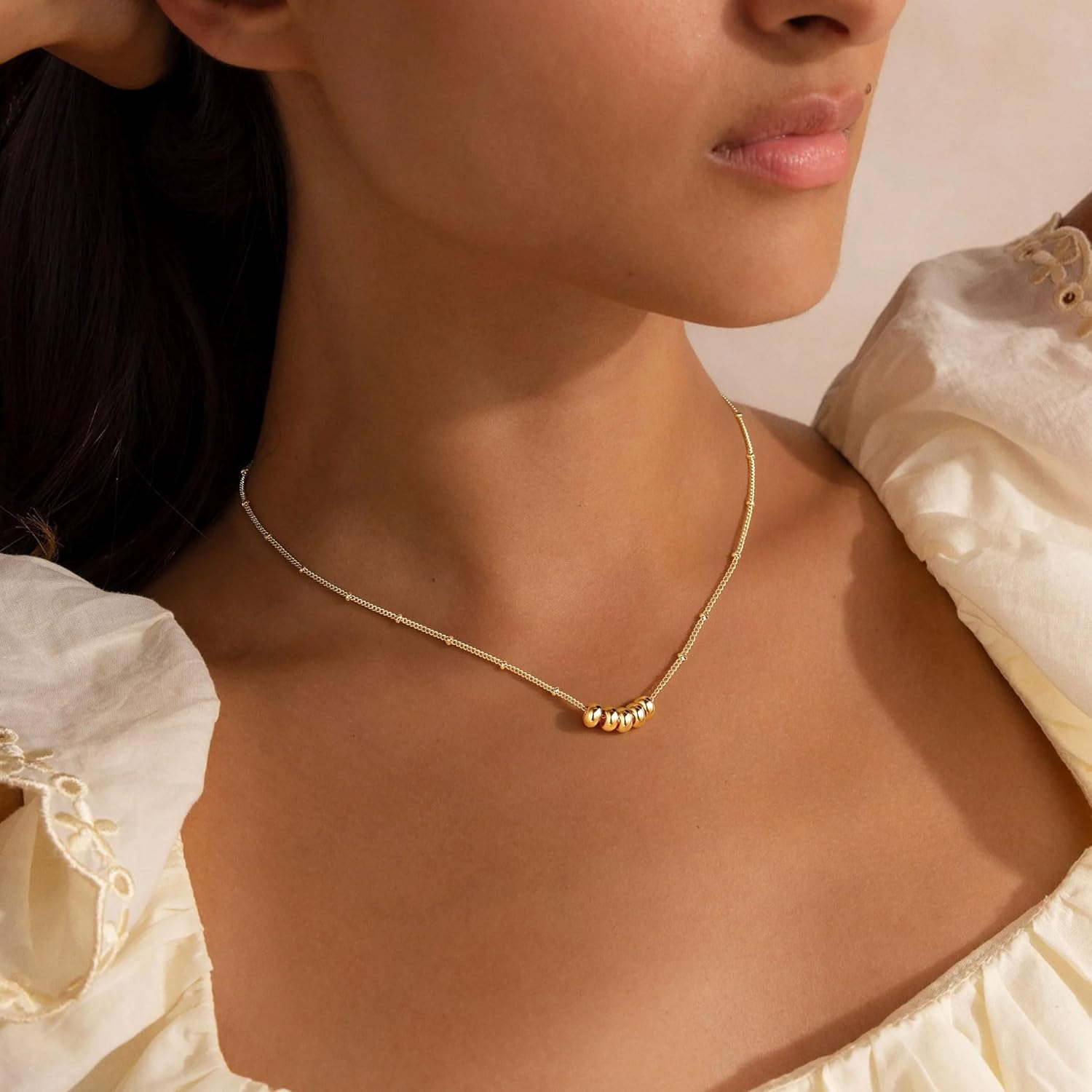 M MOOHAM Gold Necklace for Women Non Tarnish - Dainty 14K Gold Plated Beaded Chain Small Pendant Necklaces Simple Pearl Circle Beads Teardrop Pendant Necklace for Women Trendy Jewelry Gifts - Image 4