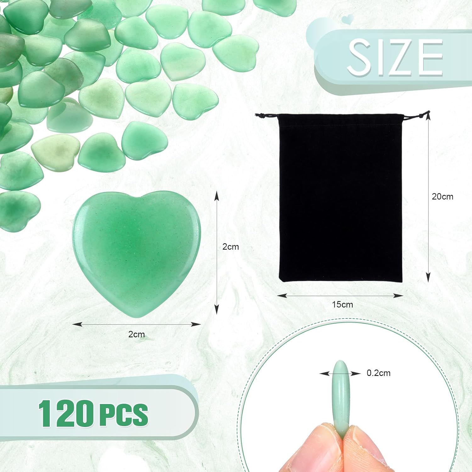 Ecation 120 Pcs Heart Quartz Bulk Crystals Stone Bulk Natural Polished Stone Heart Love Carved Healing Worry Crystal with Flannel Bag for Women Gifts(Green Aventurine) - Image 2