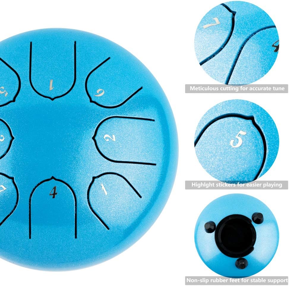 Steel Tongue Drum with Carrying Case: 6 Inch 8 Notes Rain Drum for Outside | Steel Drum with Bag Mallets Music Book Note Stickers for Garden Meditation Yoga Beginner, Key of C, 440Hz, Blue - Image 2