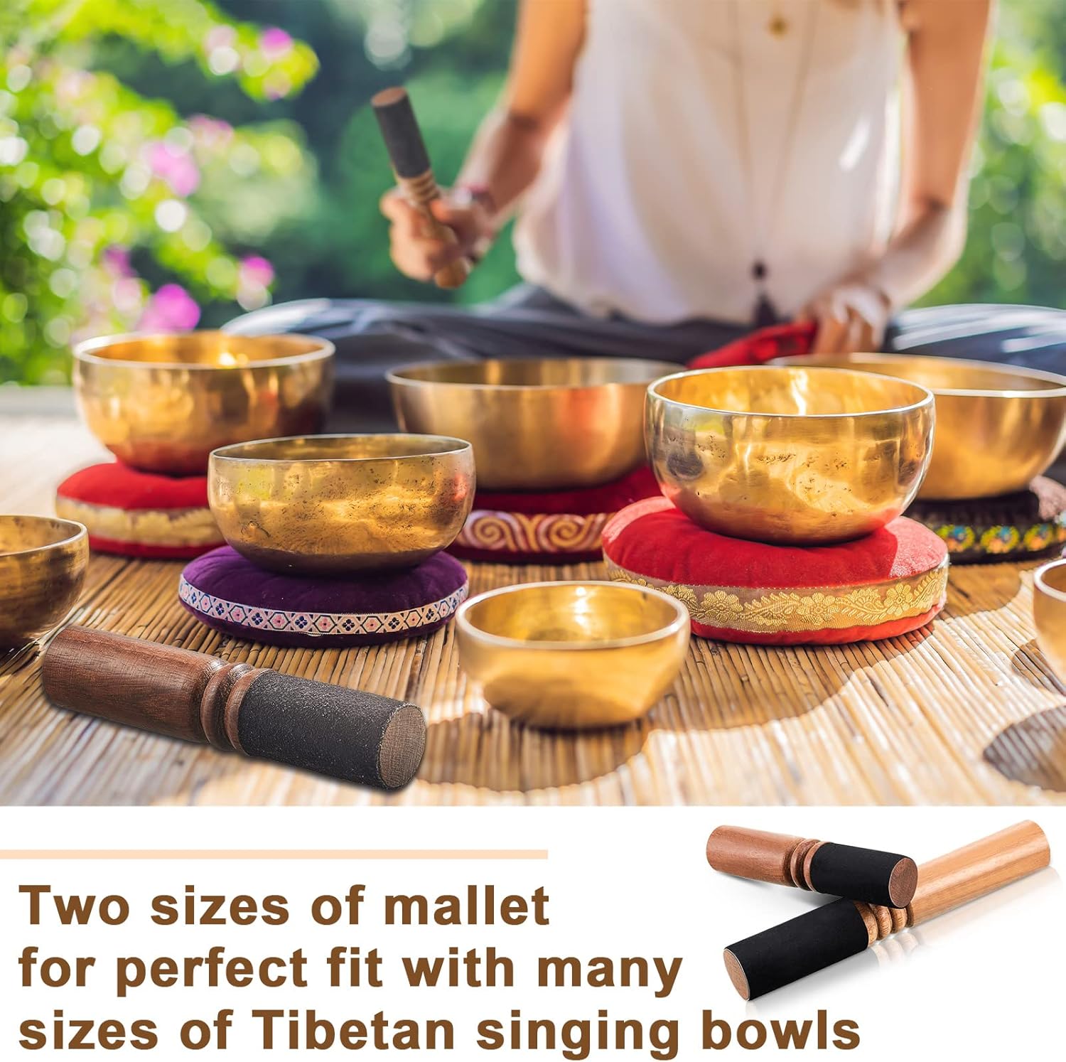 Nuanchu 2 Pieces Tibetan Singing Bowl Mallet Suede Wooden Striker Leather Wrapped Meditation Mallet Sound Bowl Stick Buddha Musical Instruments for Buddhist Meditation Yoga Chime (Black and Brown) - Image 5