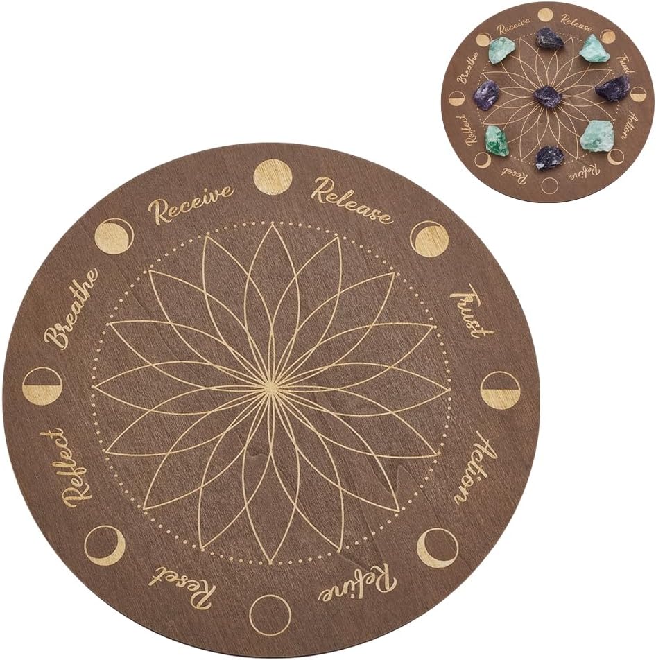 INFUNLY Moonphase Crystal Grid Wood Board, 9.84x9.84inch, Flower of Life Sacred Geometry, Lotus Grey Crystal Tray, Round Solid Coaster for Jewelry, Rocks, Home Decor