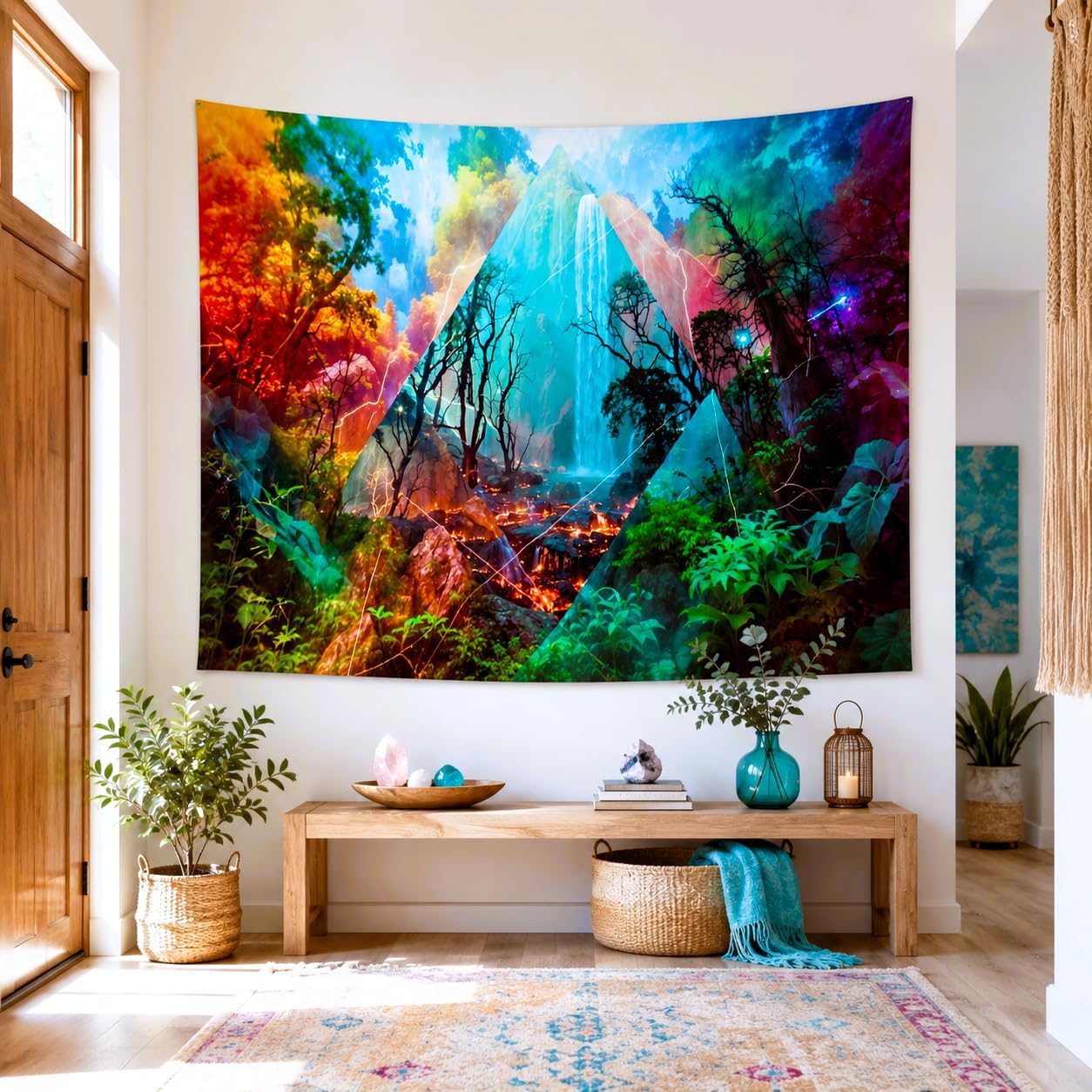 Delur Forest Tapestry Waterfall Mountain Rainforest Sunset Nature Tree Tapestry Wall Hanging Scenic Tropical Landscape Natural Sunrise Headboard for Bedroom Living Room Home Decor (51.2" x 59.1") - Image 5