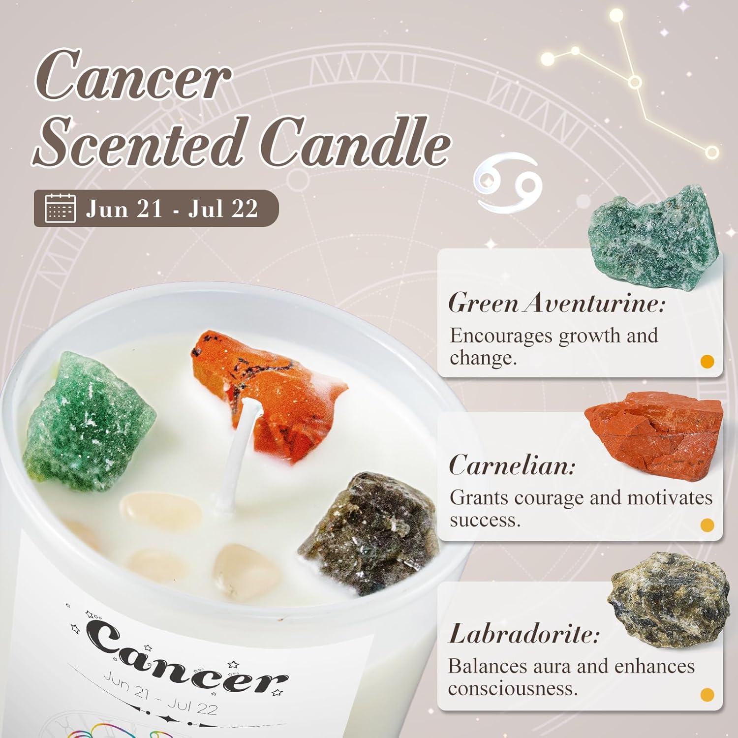 Cancer Gifts for Women, Zodiac Cancer Candle with Healing Crystals, Astrology Birthday Gifts for Women, Mom, Sister, Friends, Meditation, Yoga, Relaxation (7oz) - Image 3