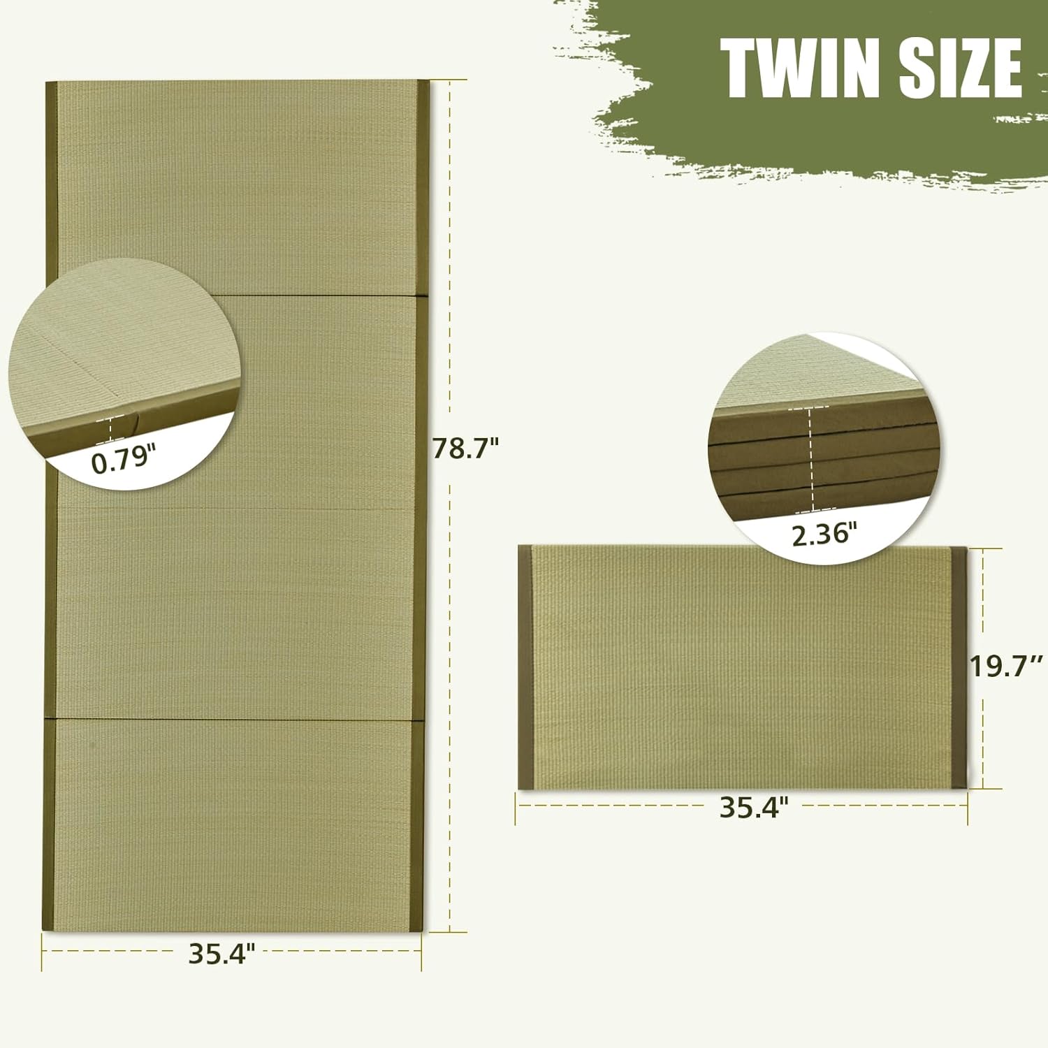 HAGiHARA Japanese Tatami Mat,Rush Grass Portable Folding Mat,Futon Mattress Traditional Floor for Meditation,Yoga,Sleeping or Summer Use,35.4"x78.7"x0.8" - Image 2