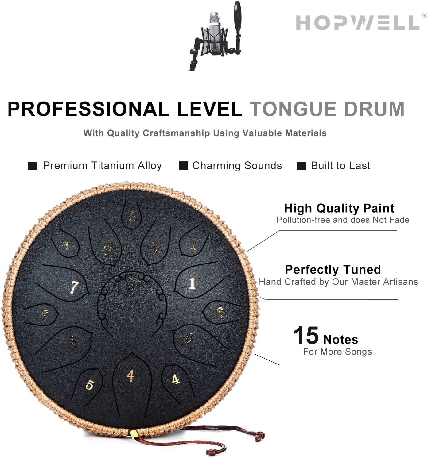 HOPWELL Steel Tongue Drum - 15 Note 12 Inch Tongue Drums - Percussion Instruments - Hand Pan Drum with Music Book, Drum Mallets and Carry Bag, D Major, Black - Image 3