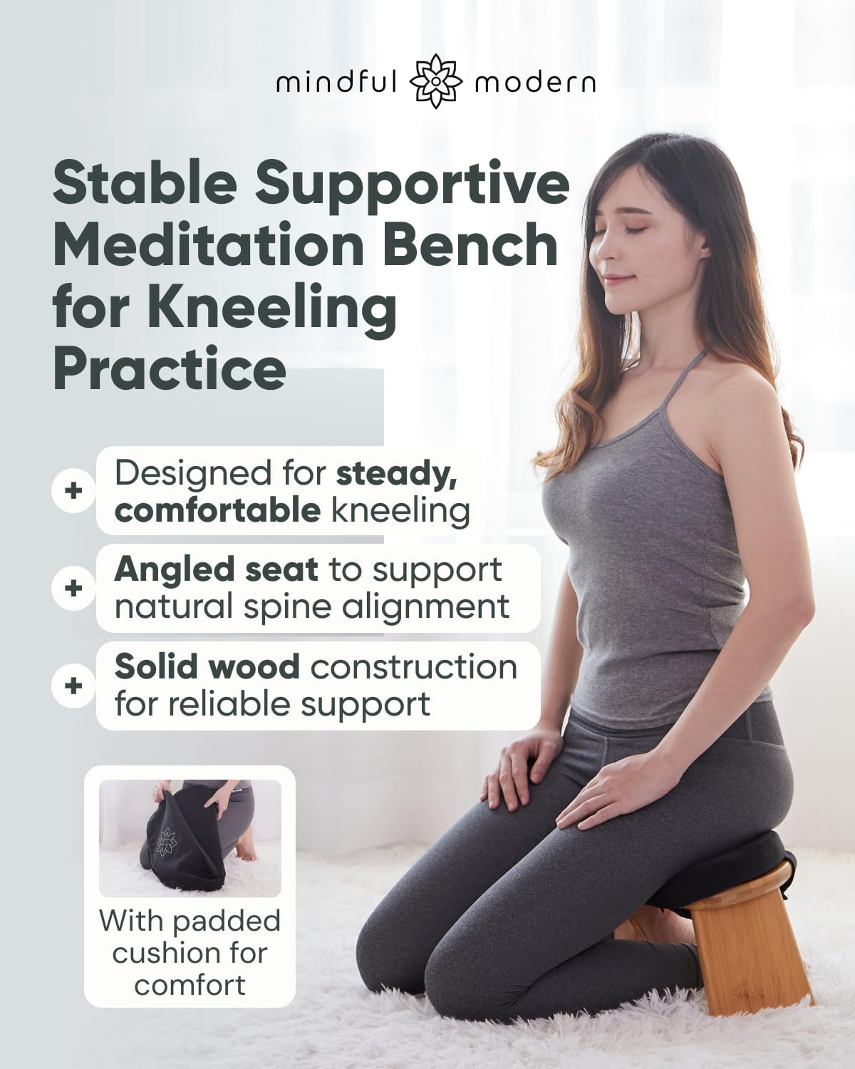 Mindful Modern Folding Meditation Bench - Bamboo Kneeling Stool w/Locking Magnetic Hinges - Prayer Kneeler Seiza Chair w/Soft Pillow & Travel Bag - Image 3