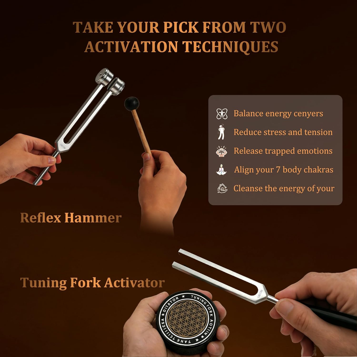 Tuning Forks for Healing Set - 128Hz 136.1Hz 256Hz 384Hz 432Hz, Weighted & Unweighted Tuning Forks with Vegan Leather Pouch & Activator, 128 Hz Tuning Fork for Chakra, Yoga, Meditation & Gift - Image 5
