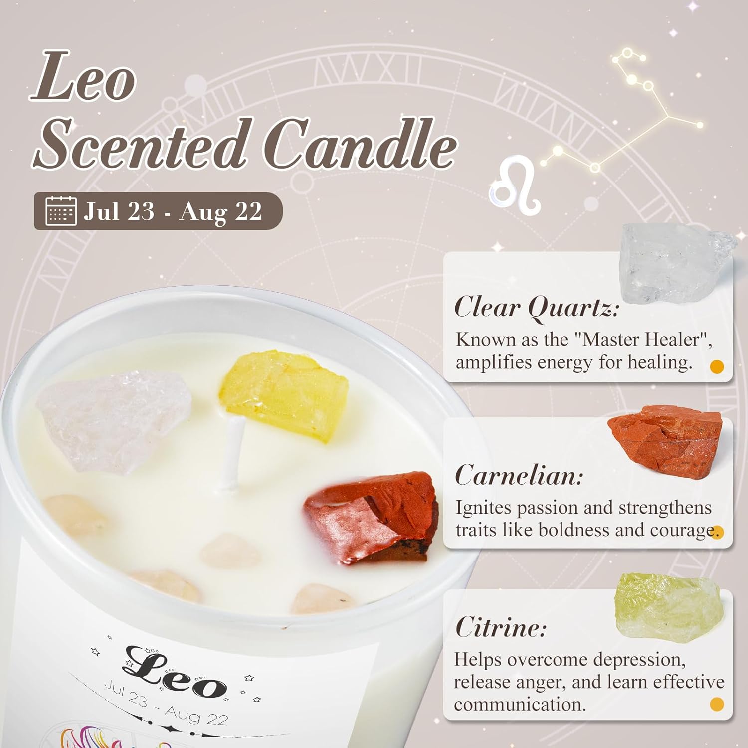 Leo Gifts for Women, Zodiac Leo Candle with Healing Crystals, Astrology Birthday Gifts for Womenr, Mom, Sister, Friends, Meditation, Yoga, Relaxation (7oz) - Image 3