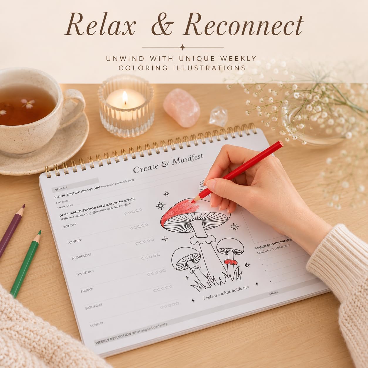Manifestation Planner for Daily Affirmations | Law of Attraction, Gratitude and Mindful Coloring | Intention Setting Tracker for Women | 52 Sheets for 1 Year | A4 - Image 7