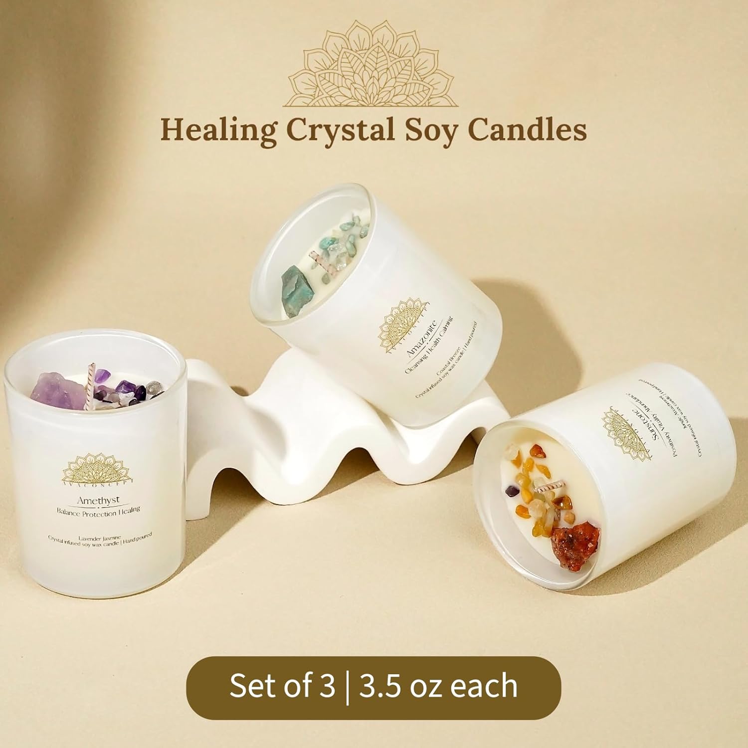 AvaConcept Healing Crystal Candle Gift Set – Set of 3 Amethyst, Amazonite & Sunstone Hand-Poured Soy Wax Lavender Jasmine, Coastal Breeze & Jungle Attachment Aromatherapy 3.5oz Each | Premium Gift Box - Image 2