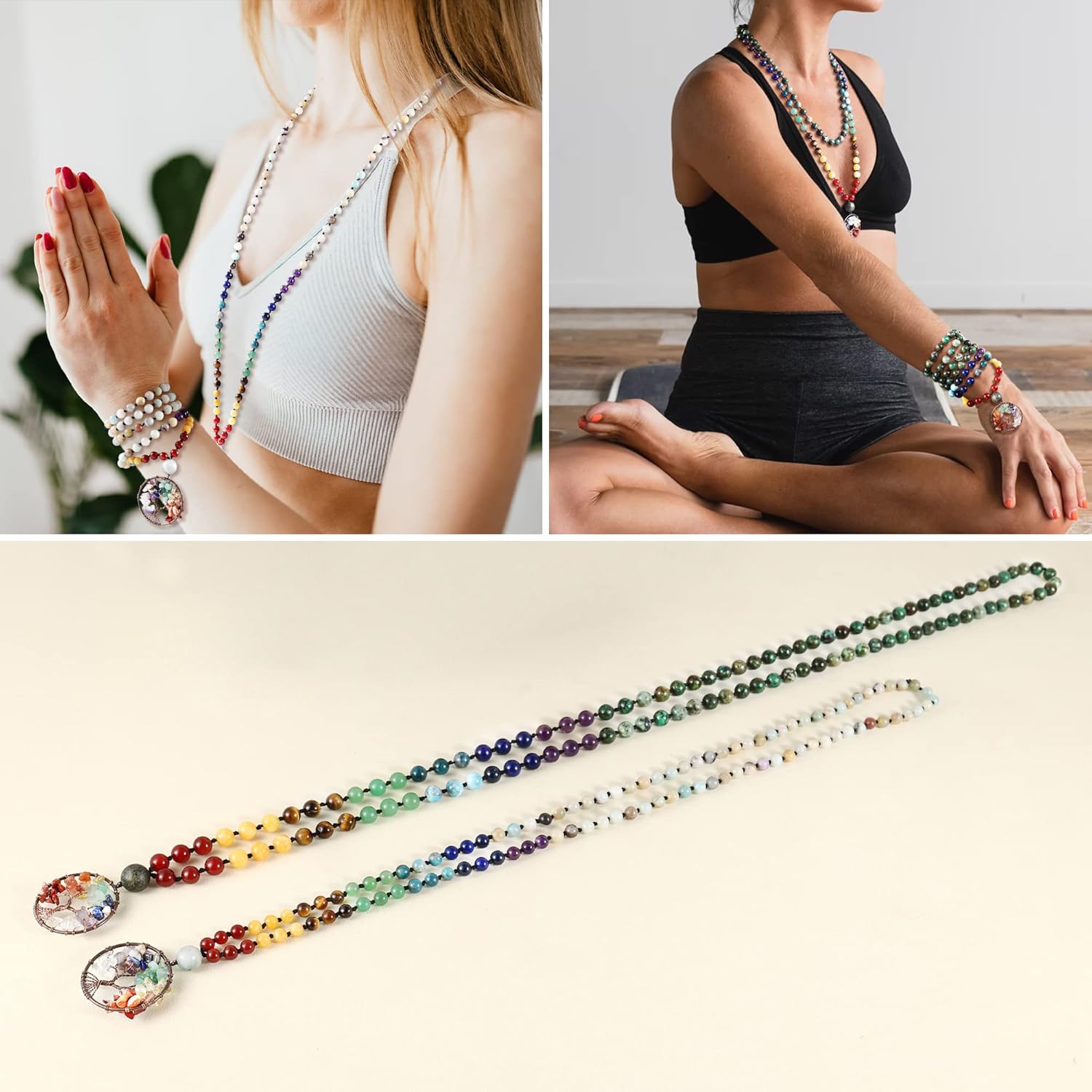 Bivei 108 Mala Beads Necklace Life Tree 7 Chakra Wrap Bracelet Real Healing Gemstone Yoga Meditation Hand Knotted Mala Prayer Bead Necklace - Image 4