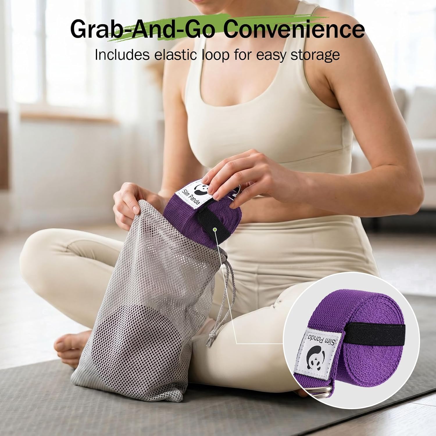 Slim Panda Yoga Strap for Stretching,Cotton Yoga Strap with Adjustable D-Ring Buckle,Non-Elastic Yoga Belt for Pilates,Gym Workouts,Physical Therapy,Improve Flexibility - Image 4