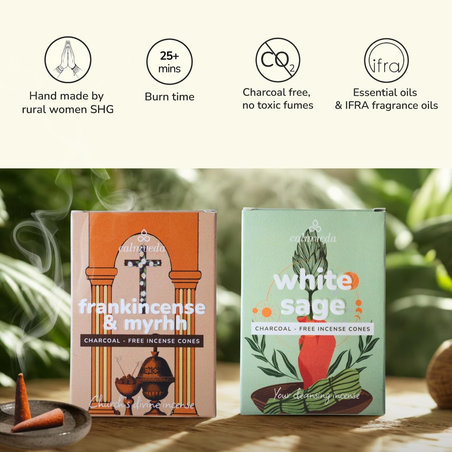 Calmveda Spiritual Incense Cones Bundle - 24 Dhoop Cones (White Sage Incense Cones & Frankincense Cones) | Charcoal-Free & Handmade from Upcycled Sacred Flowers | Energy Cleansing & Meditation Gift - Image 2